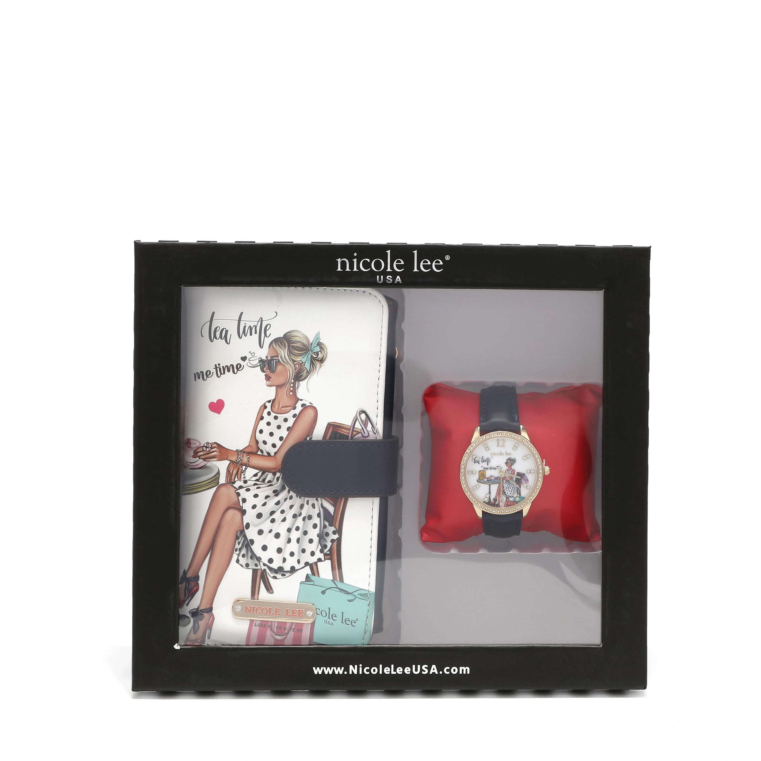 NICOLE LEE 2 Pieces Accessories Value Gift Set (Phone Case Crossbody Wallet, Diamond Fashion Watch) (Tea Time Me Time)