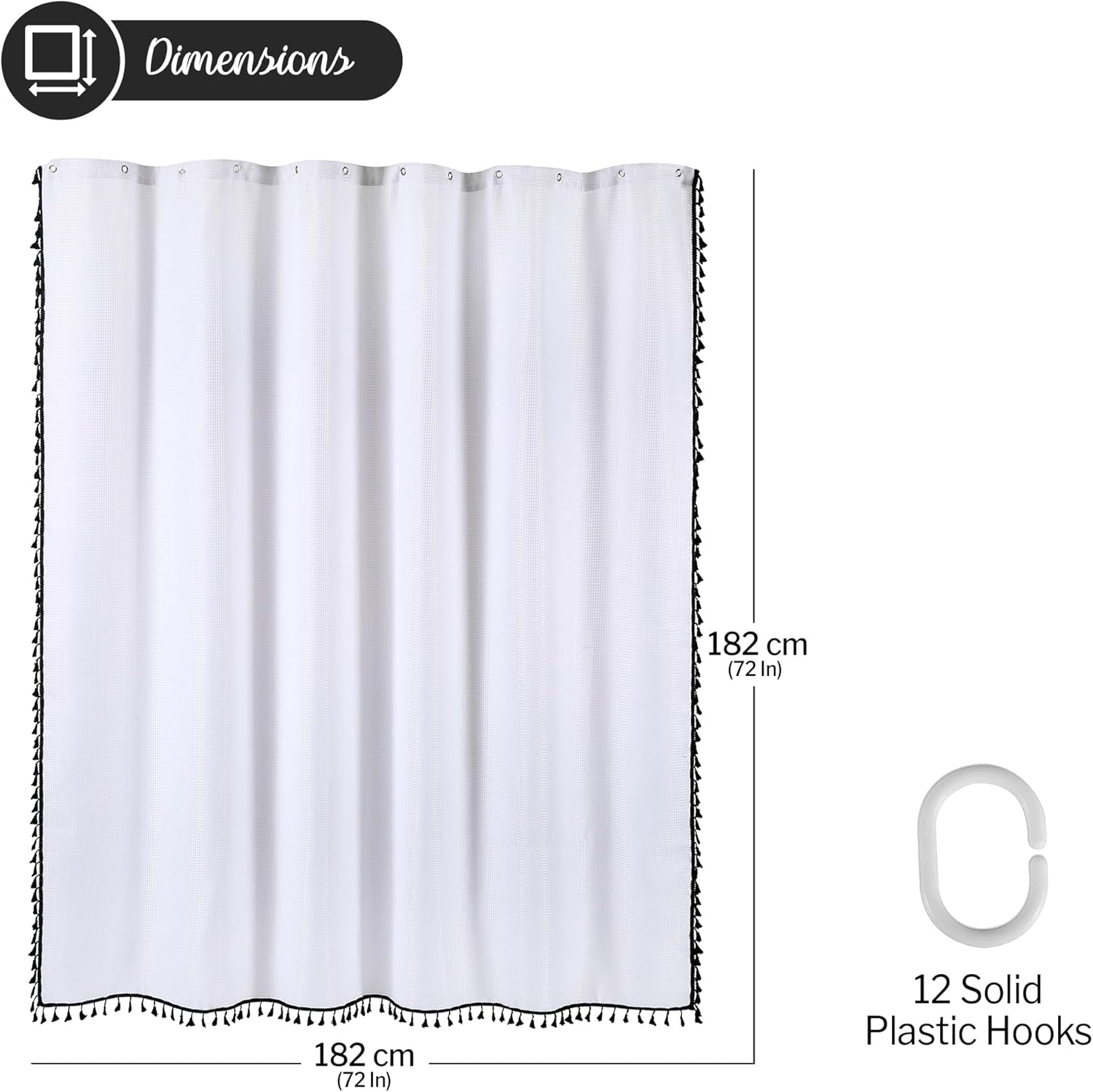 Boho Shower Curtain with Black Tassels – (72x72) White Shower Curtain, Water Repellent Fabric with Minimalist and Chic Design