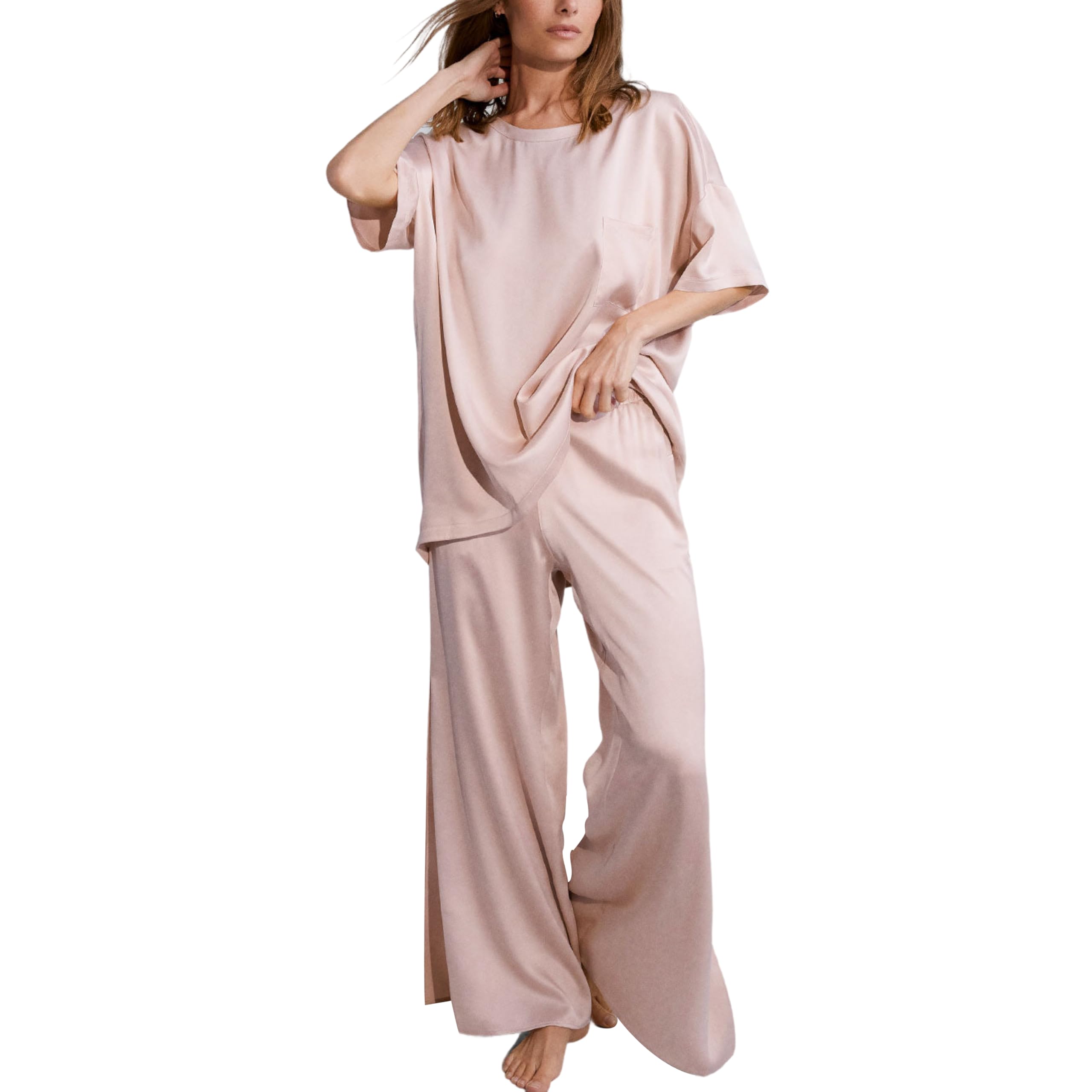 Lunya Washable Silk Tee Pant Set for Women - Oversized Top with Pocket and Pull On Pants
