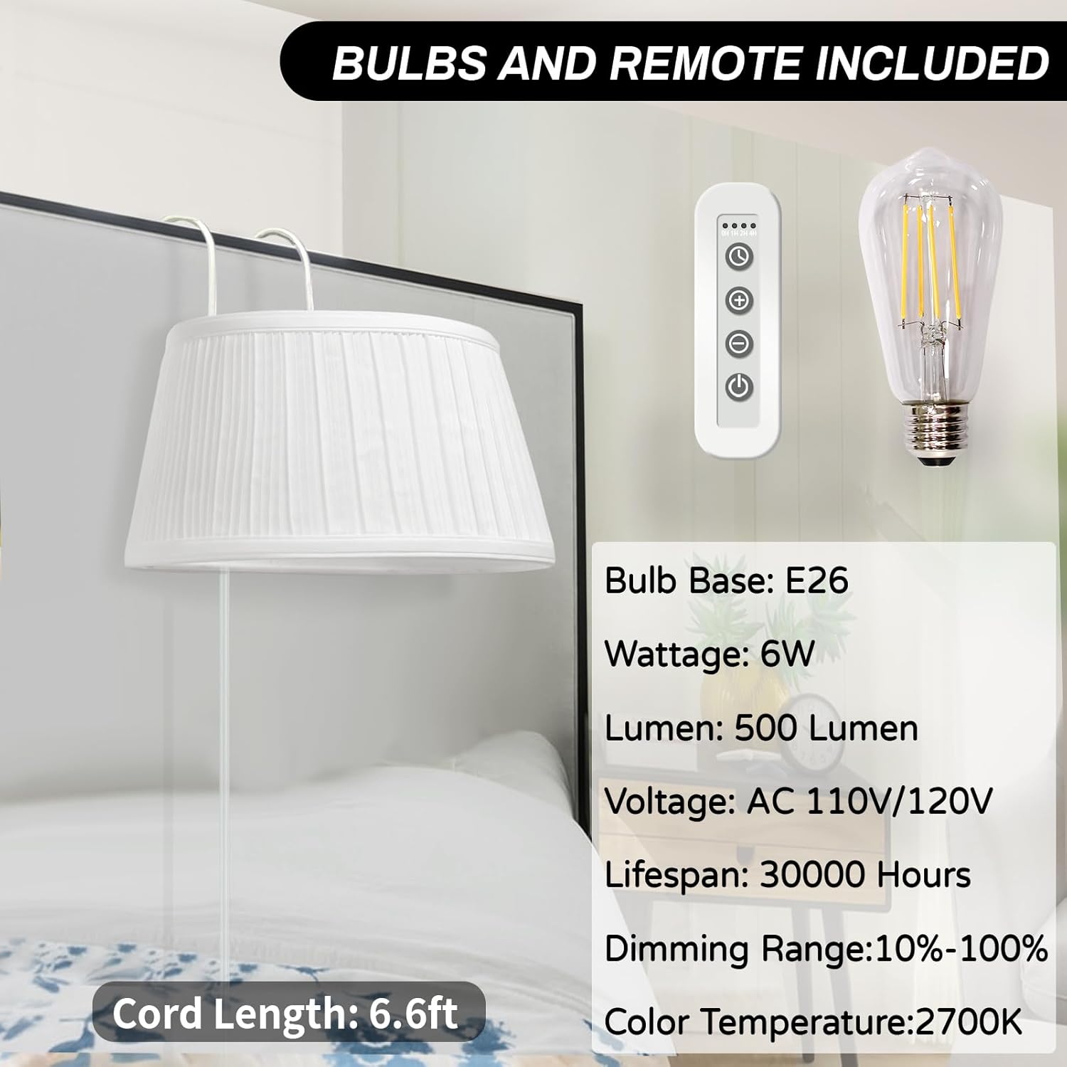 NITOWOLF Bed Reading Light, Headboard Light Reading Lights for Books in Bed with Adjustable Hook, Eye Caring Soft Fabric Shade Bedtime Reading Lamp Plug in, LED Bulb Included (White)