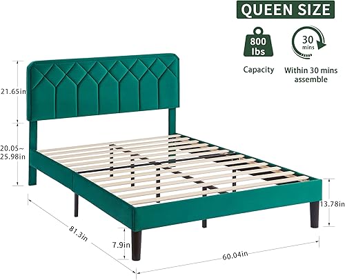 Miniatura 68 de VECELO Base de cama de tamaño matrimonial con plataforma tapizada de terciopelo de alta calidad con cabecera ajustable en altura / base de colchón,