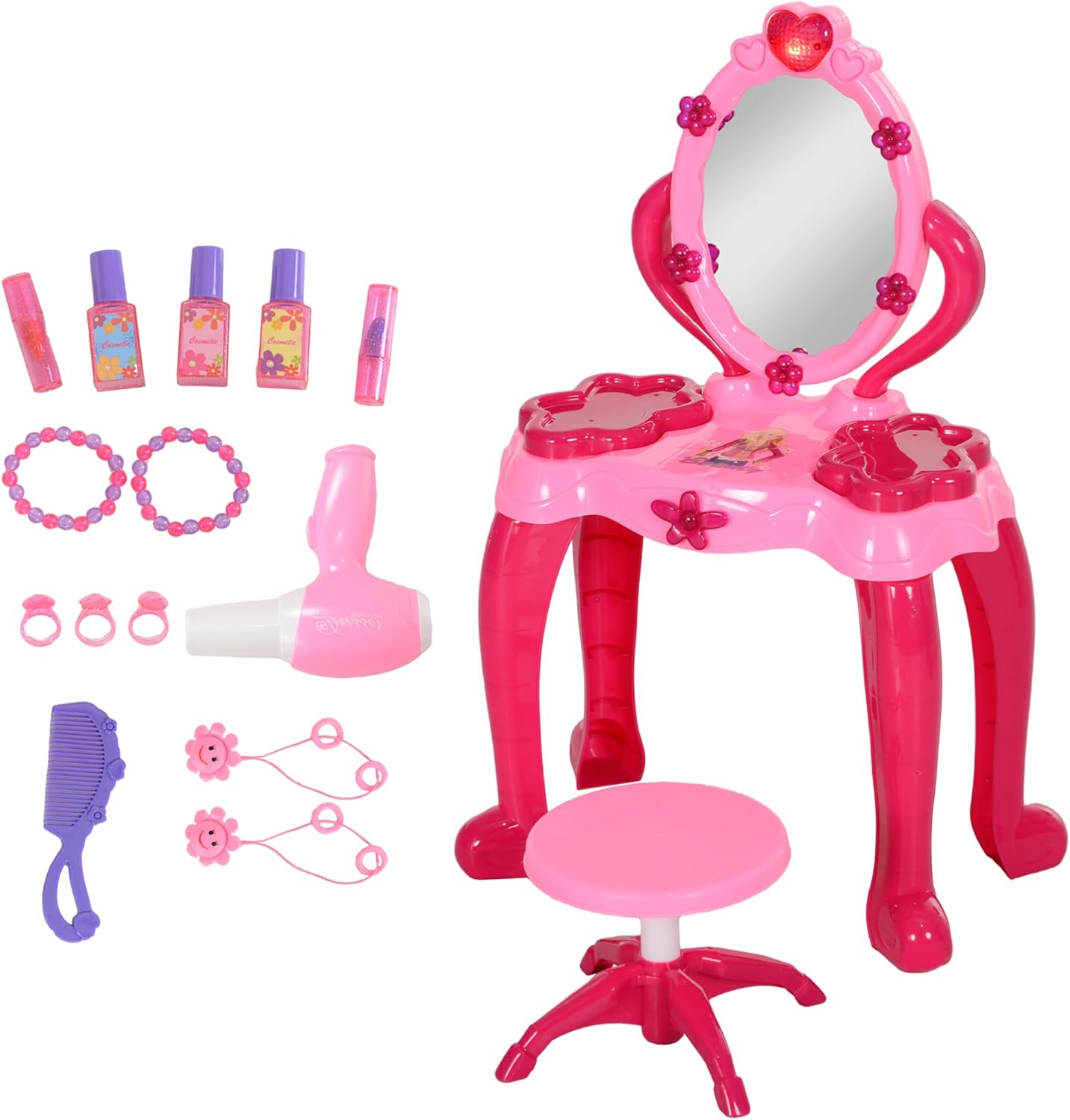Qaba Kids Vanity Set with Mirror and Stool, Girls Makeup Table with Light and Sound, 15 Accessories, Pretend Play Set with Hair Dryer for 3-6 Years, Pink