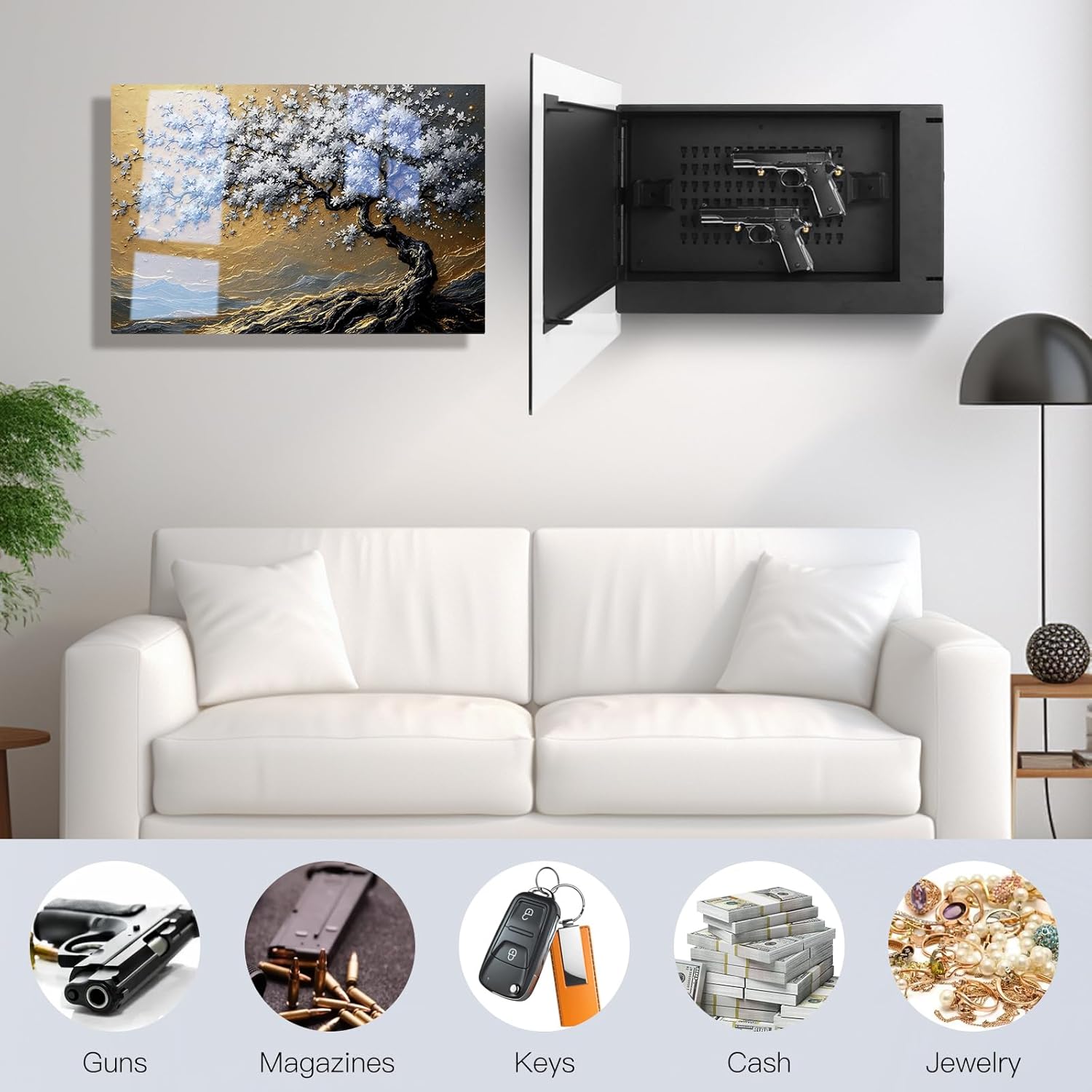 Biometric Hidden Gun Safe fits 2 pistols,Quick Access Hidden Gun Storage with Movable Bracket and Magazine,Wall Mount Gun Safe for Secure Firearm Storage with Fingerprint, Key Access(Tree of Life)