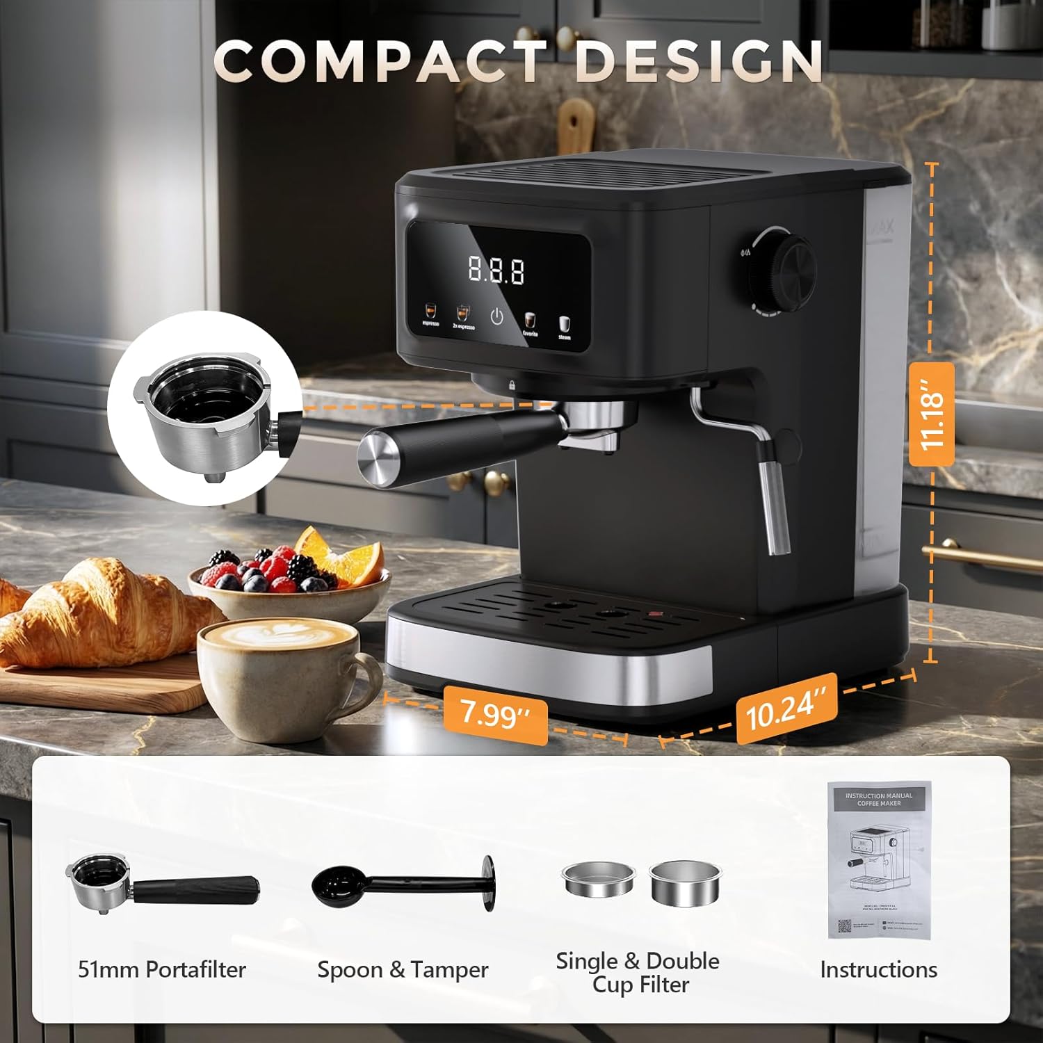Espresso Machine with Milk Frother, Compact Coffee Maker for Home, Cappuccino & Latte, 15 Bar Pump, Dual Stainless Steel Filters, LED Touch Screen, Removable Water Tank & Drip Tray