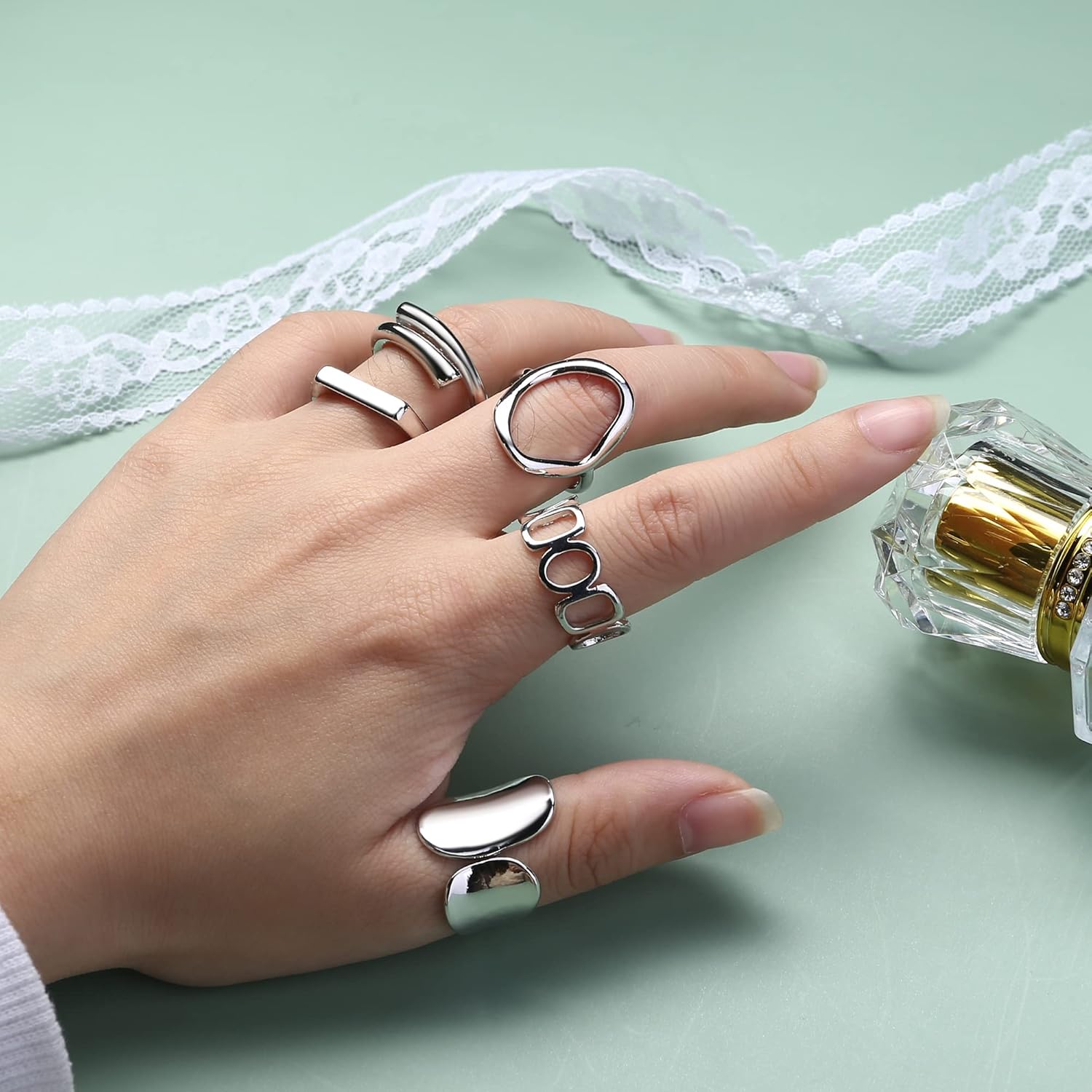 FIBO STEEL 9 Pcs Gold Plated Chunky Rings for Women 18K Gold Plated Ring Set Dome Thick Open Rings Adjustable - Image 7