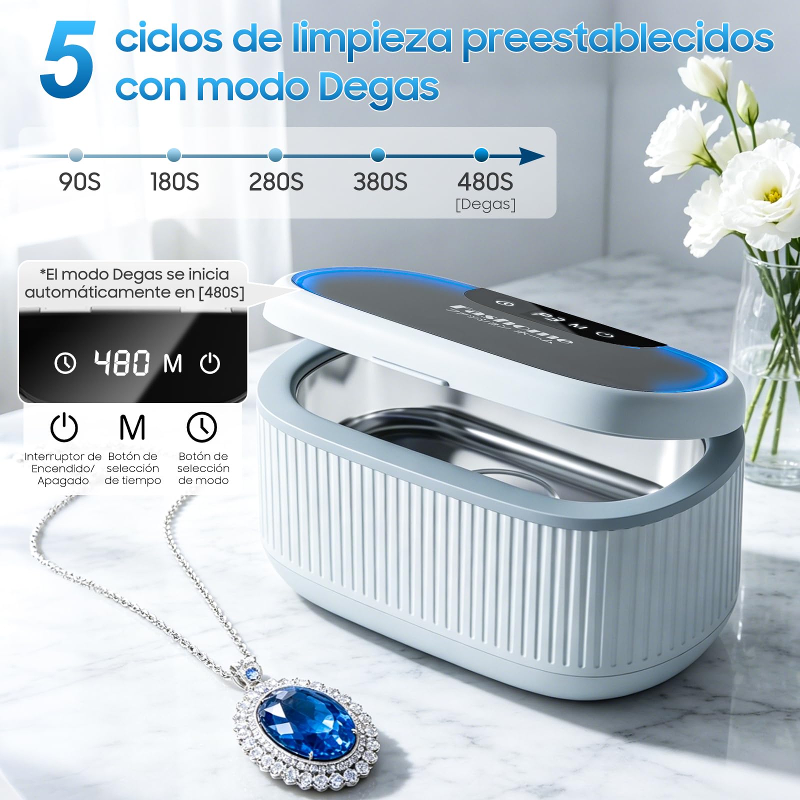 Fashome Limpiador Ultrasonidos, con 2×100 ml de líquido limpiador, 45 kHz, 3 modos, 550 ml de depósito de acero inoxidable, para joyas, gafas, relojes y prótesis dentales, cesta de limpieza y soporte