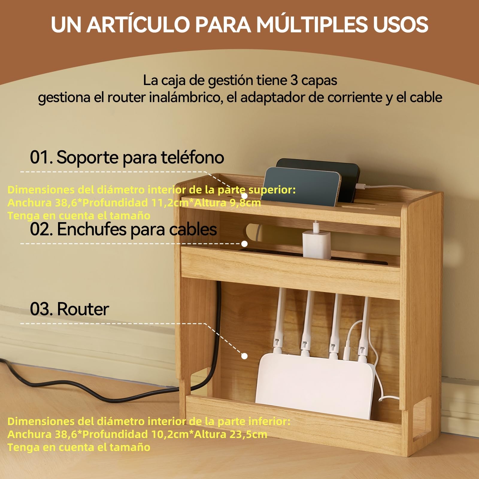 KIRIGEN Organizador de Madera para Router Wifi Inalámbrico, Soporte para Enchufes, Estante y Gestión de Cables Color Natural
