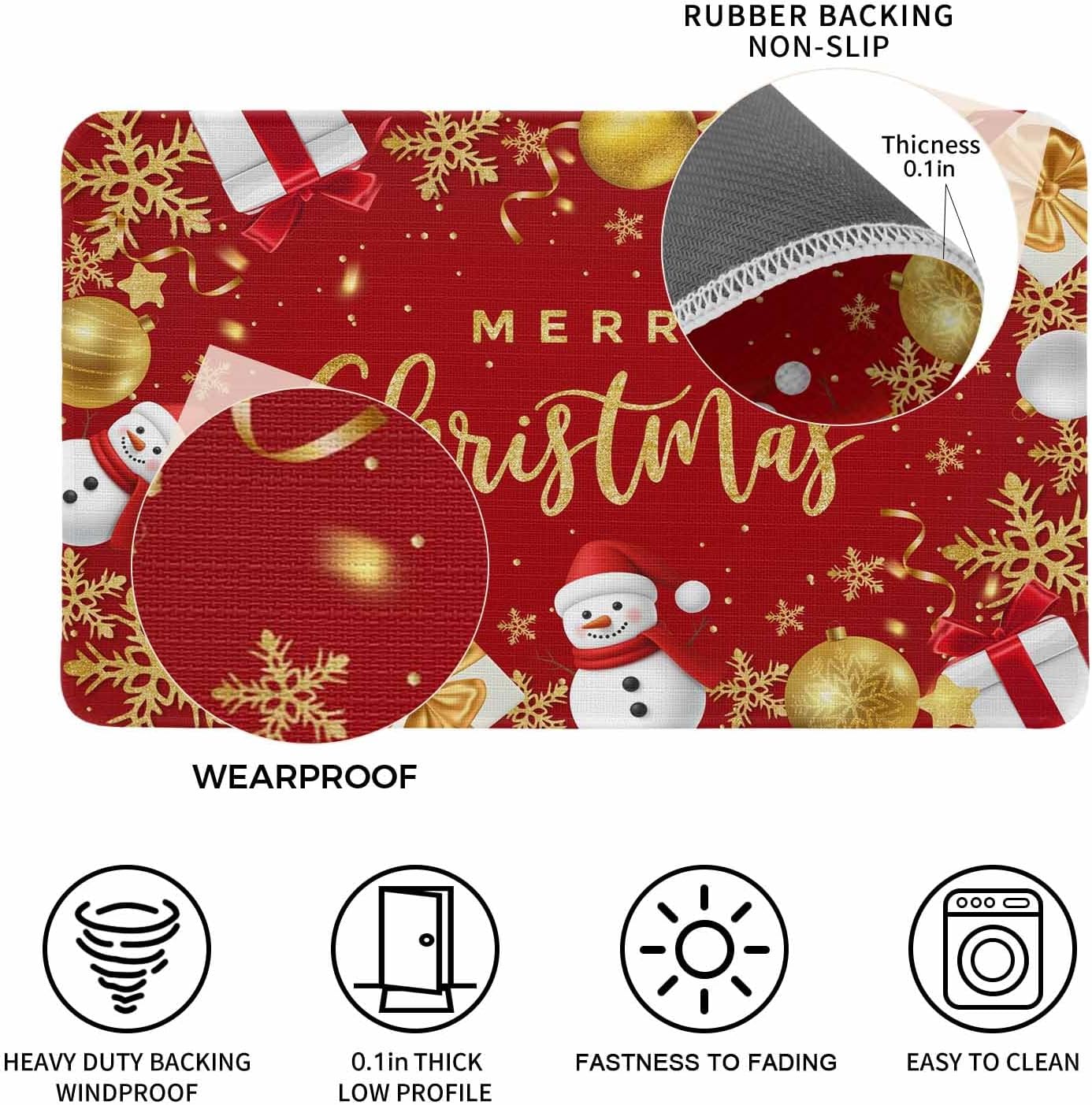 Red Christmas Front Door Mat Entrance Welcome Floor Mats Indoor Outdoor, Xmas Snowman Gifts Heavy Duty Absorbent Doormat, Balls Snowflake Golden Non-Slip Rugs for High Traffic Areas 16"x24"