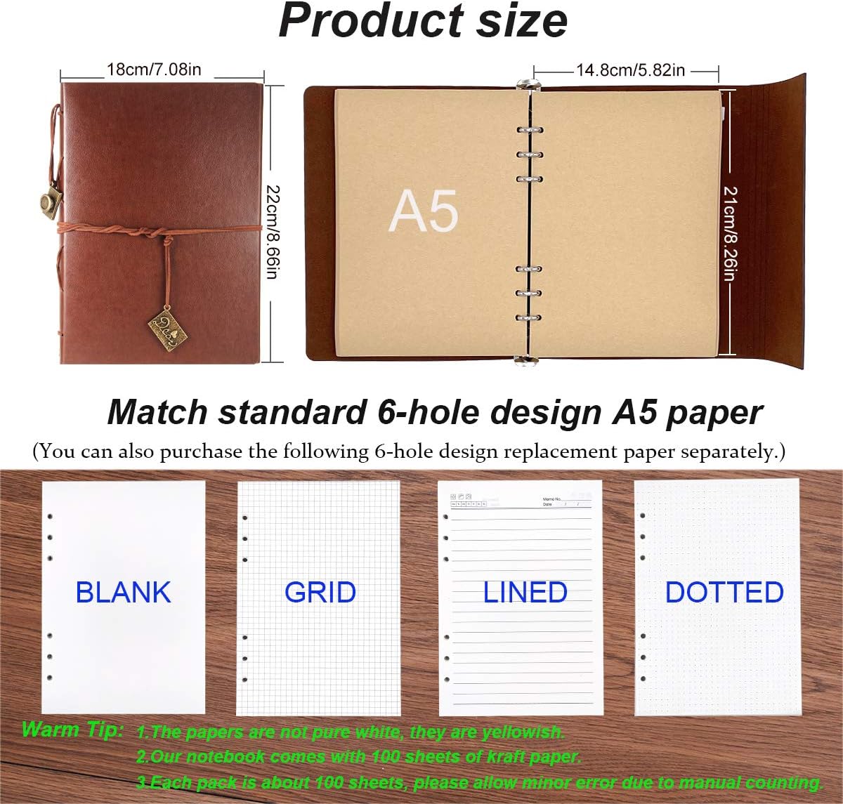 ThxMadam Vintage Notebook A5 Brown Leather Cover Writing Notebook loose leaf Travel Journal Diary Refillable Sketchbook with 200 Kraft Pages/100 Sheets and 1 PVC Zipper Pocket Gift for Man Woman - Image 3