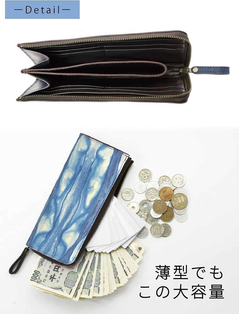 インディゴハートデニム刺繍のl字ファスナー長財布フード猫ちゃん