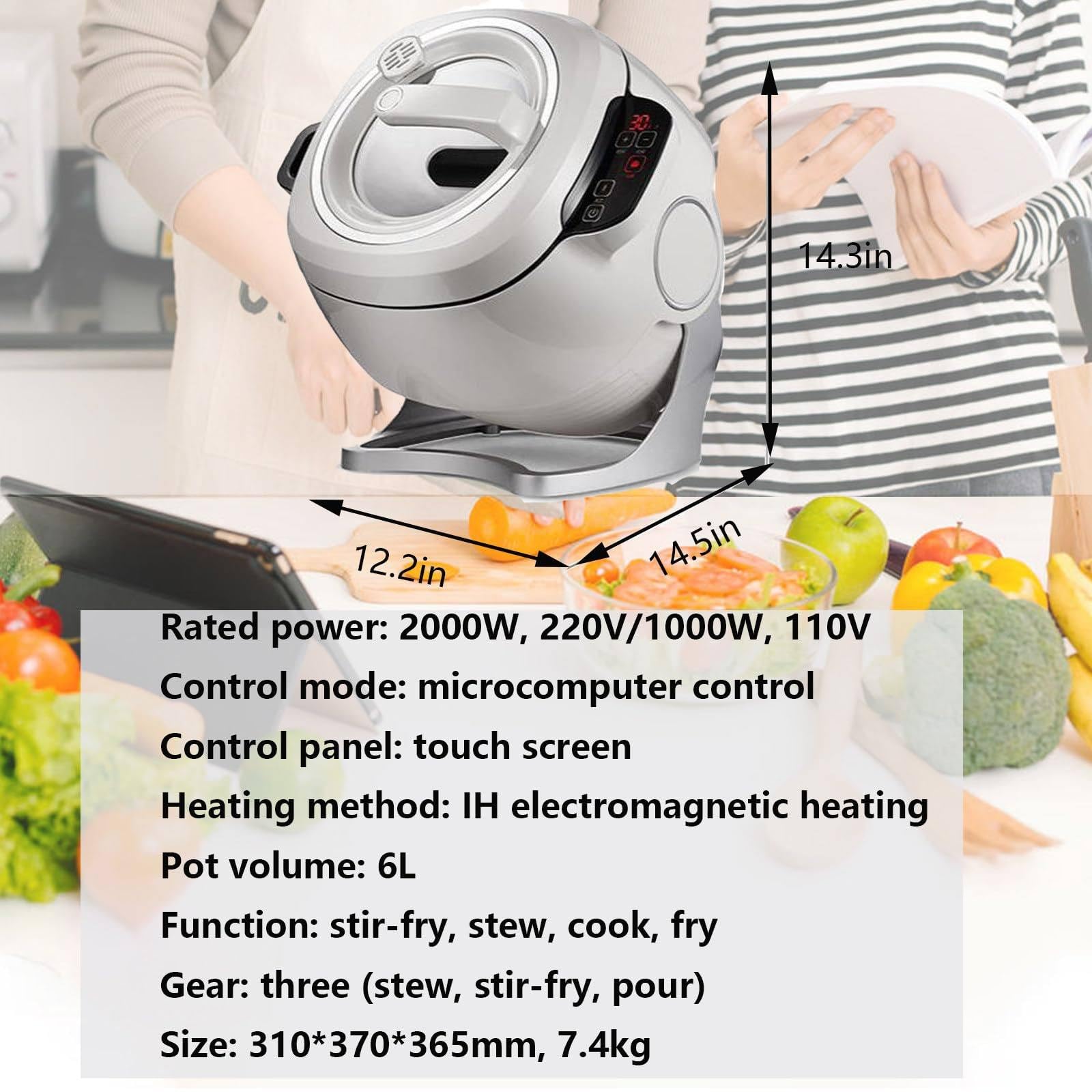Komercyjny robot kuchenny i kuchenka 2000 W, pojemność 6 l, 3 prędkości, bęben obrotowy 360° do smażenia, gulaszu i gotowania, automatyczne urządzenie kuchenne