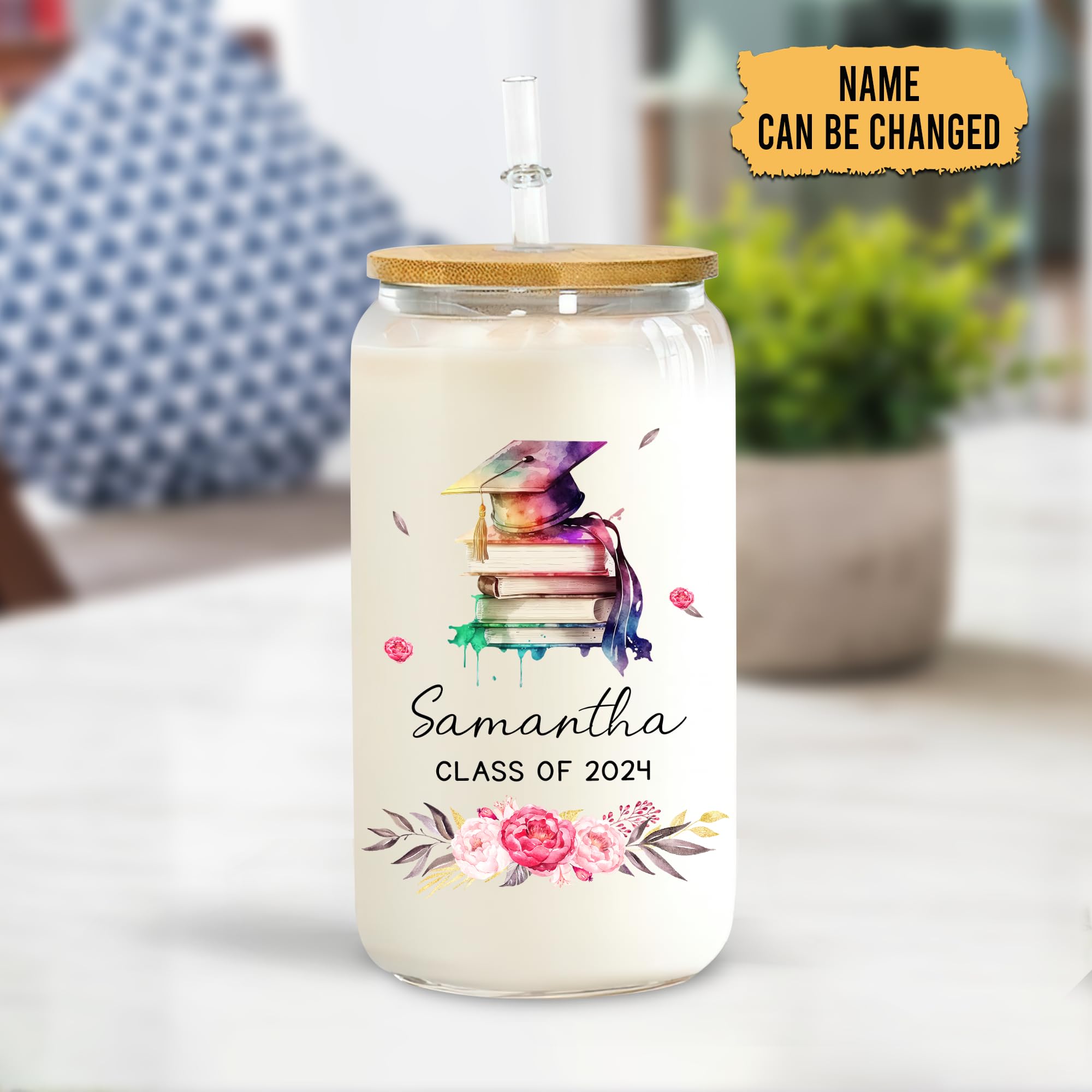 Hyturtle Personalized Graduation 2024 Glass Cup - Graduation Custom Name Glass Cup 16 Oz With Lids And Straws, Gift For Her, Graduated Student, Senior, Back To School, Gift For Friend, Daughter