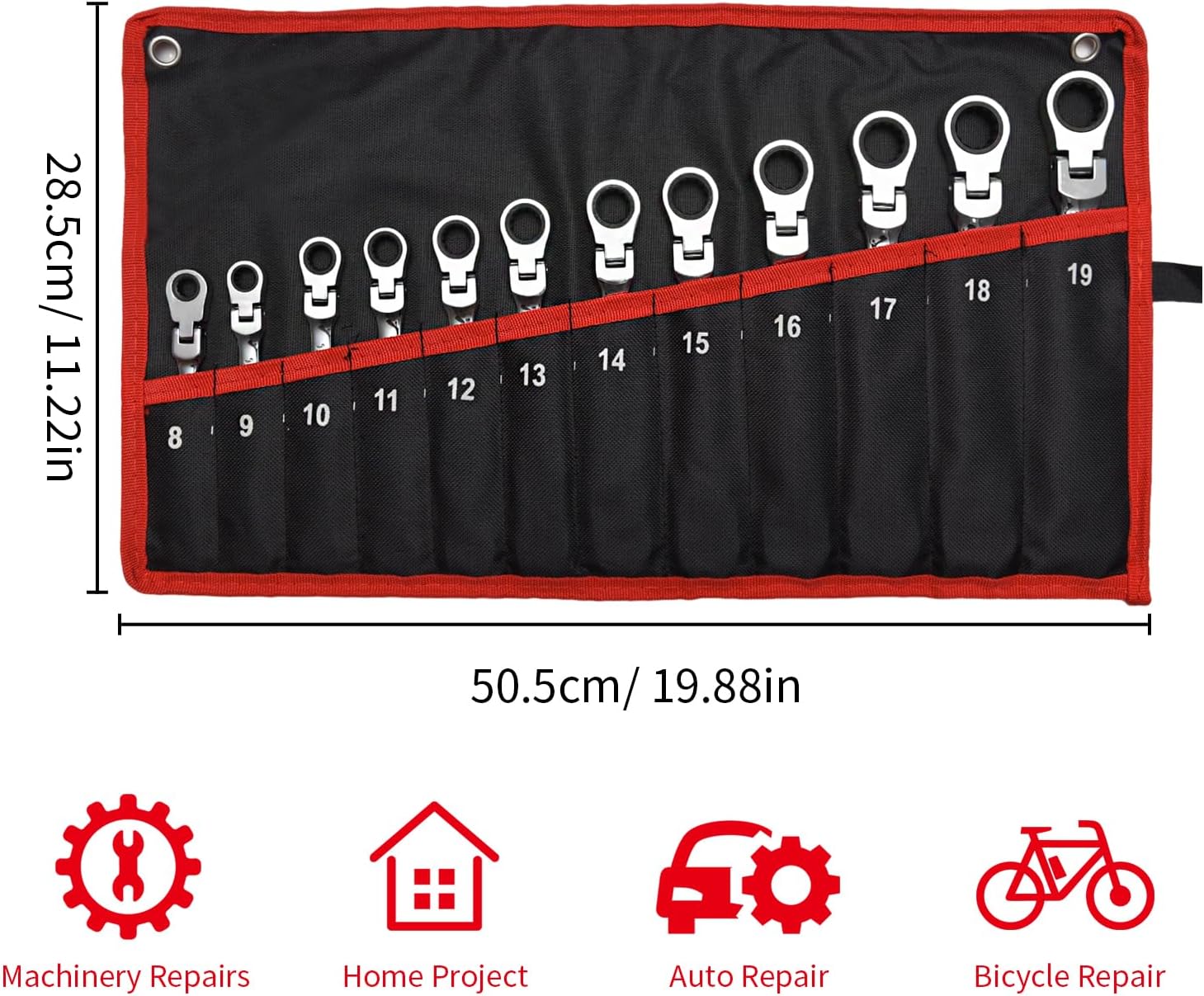 WISEUP 12Pcs Ratchet Wrench, CR-V Chrome-vanadium Steel 8-19mm Wrench, 180 ° Adjustable Combination Wrenches, Double-end Ratchet Wrench, Anti-slip Rust-proof, Labor-saving Tools