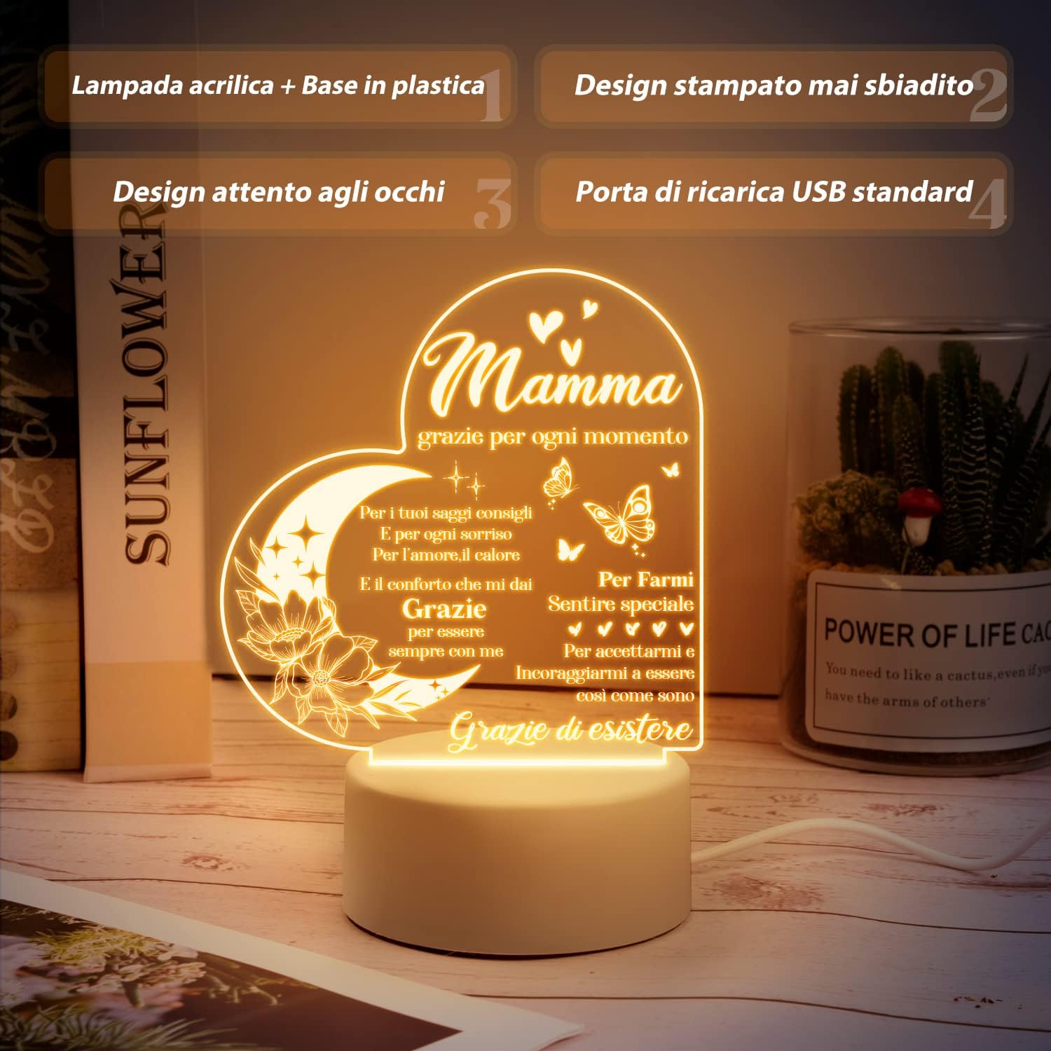 Luce notturna in acrilico, regalo di compleanno per la mamma, regalo