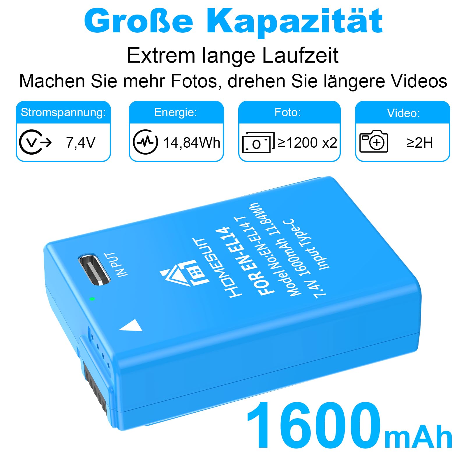 Homesuit EN-EL14 EN-EL14a Akku 1600mAh und 2-in-1 Typ-C Direktladekabel für Nikon D5600 D3300 D3500 D5100 D5500 D3100 D3200 D5200 D5300 Coolpix P7000 P7100 P7200 P7700 P7800 Kamera (2er-Pack)