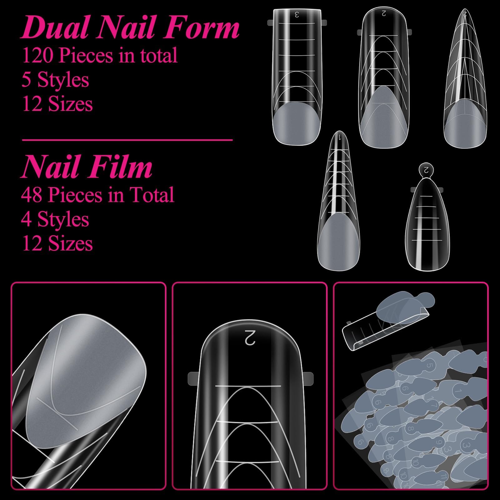 MELLIEX Zestaw 120 Dual Nail Forms do przedłużania paznokci 5 foremek, żelowe formy do paznokci, zestaw 48 naklejek do paznokci UV i akrylu
