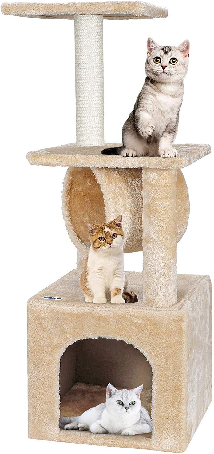 36 Inches Cat Activity Tree Tower Cat House Furniture with Condos Platform Tunnel Scratching Posts for Kittens Multi-Level