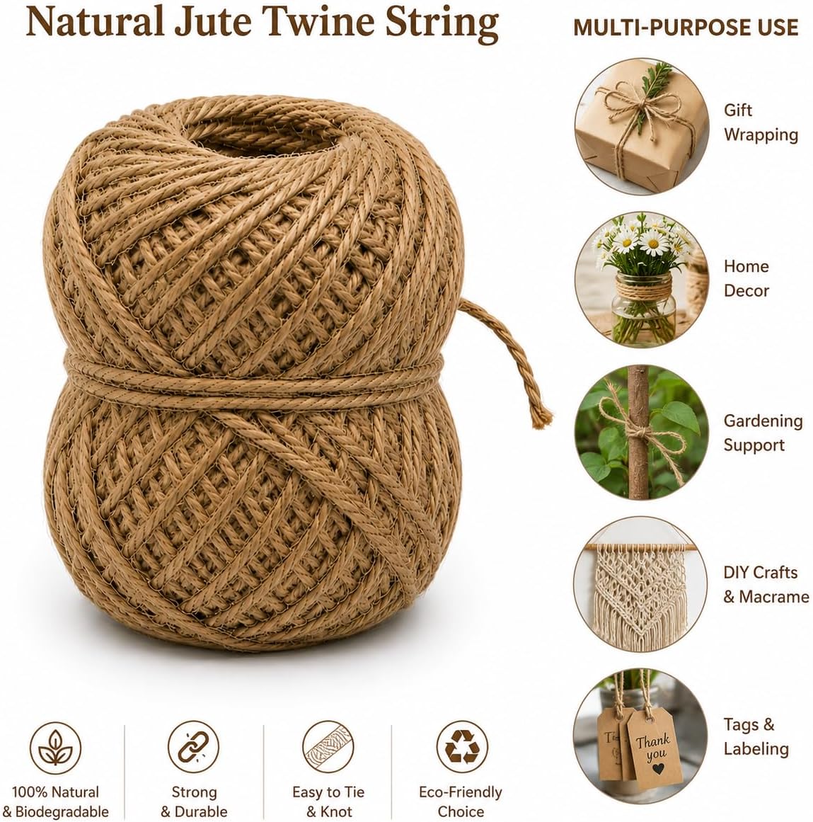 Natural Jute Twine String, 80 Ft 2 pcs Garden Twine for Gardening, Gift Wrapping, DIY Crafts, Packaging, Florists, Plant Support, Biodegradable Jute Rope, 2mm Thick