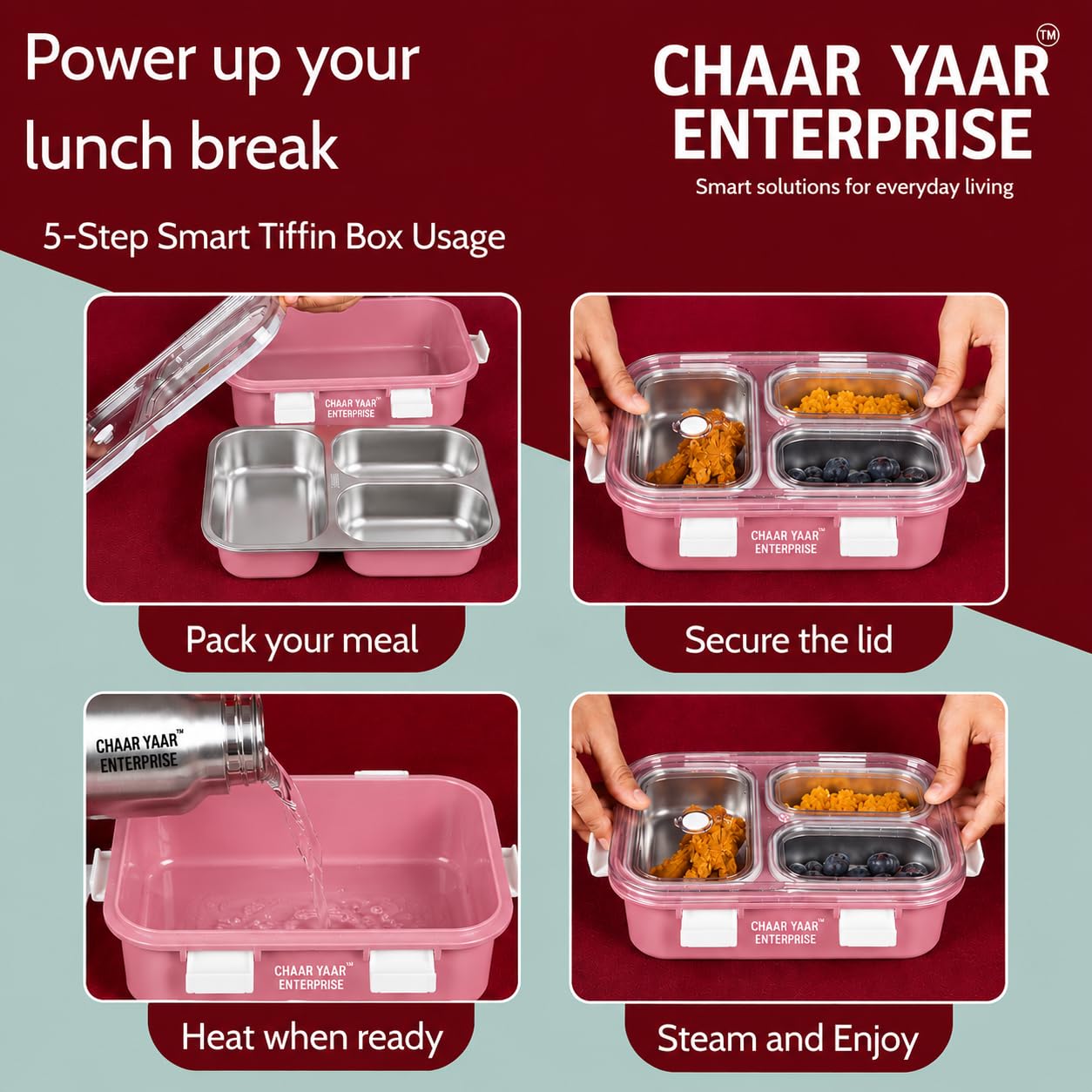 Stainless Steel Lunch Box - 3 Compartment Leakproof -5