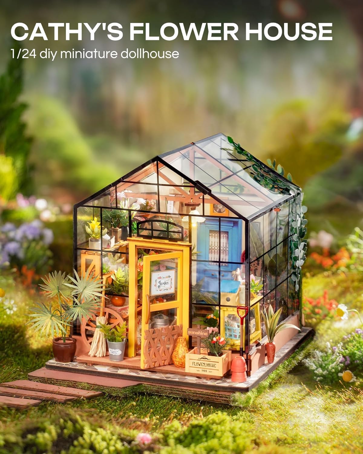 ROBOTIME DIY Doll House kit Cathys Flower House, Miniature Greenhouse Craft Kit for Adults Mini Diorama Room with Furniture - Image 2