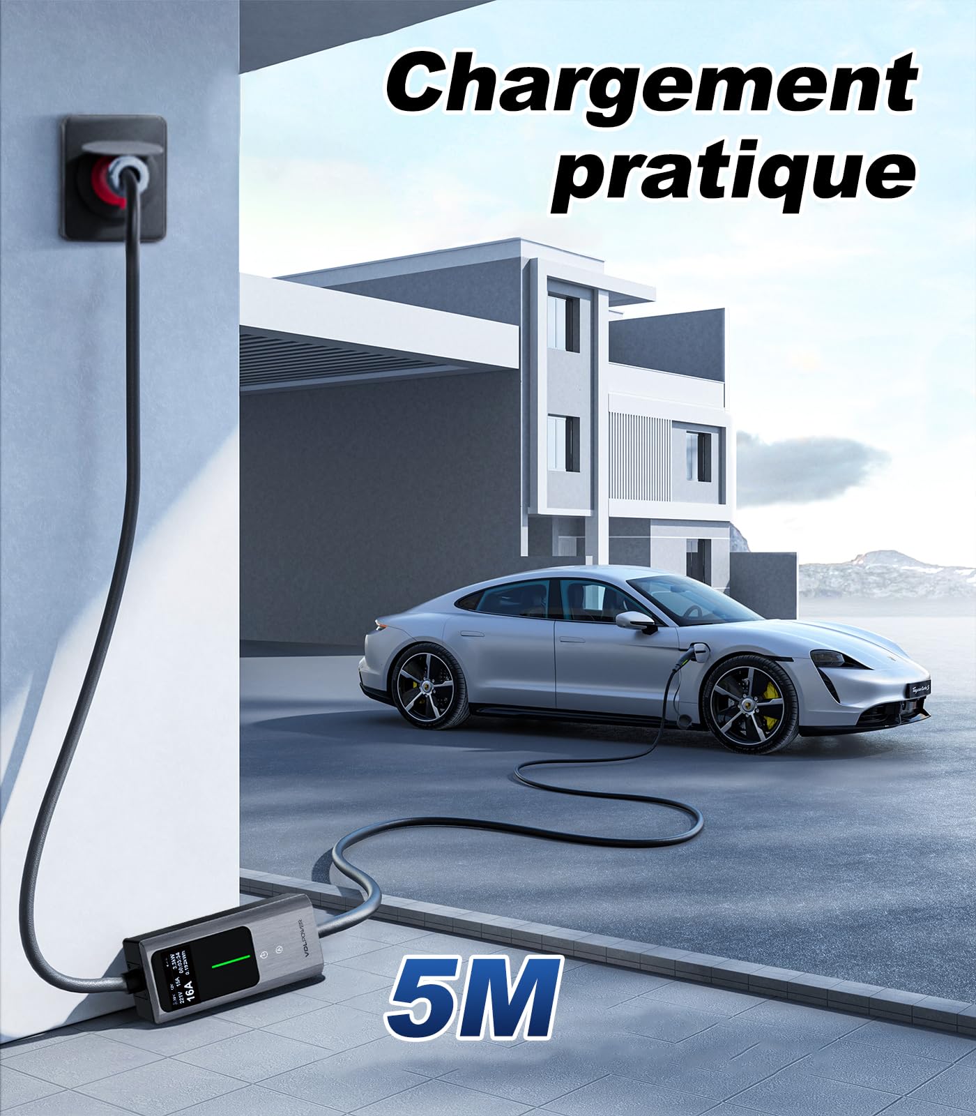 Chargeur Voiture Electrique | 6-16A | 11kW | 5 Mètre Type 2- Triphasé CEE Portable EV Chargeur Station de Charge Mobile/Wallbox, Puissance réglable, Temps de réglage