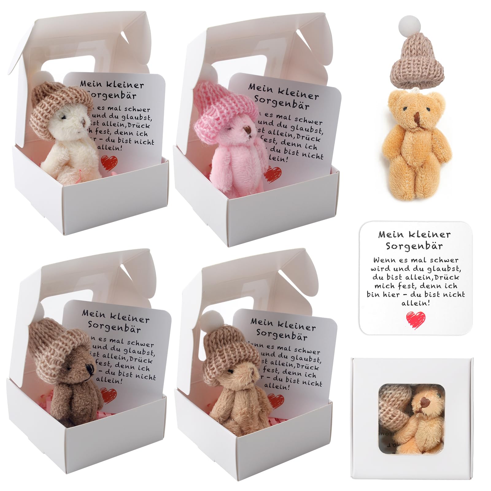 TOGETDREAM Pocket Hug Positive Mini-Teddybär, Bär In Einer Box Mini-Plüsch Figuren Lustige Teddy-bär Puppe Sorgenbär-Umarmung in Einer Box Kleines Tier Mit Inspirierender Karte (4 Farben)
