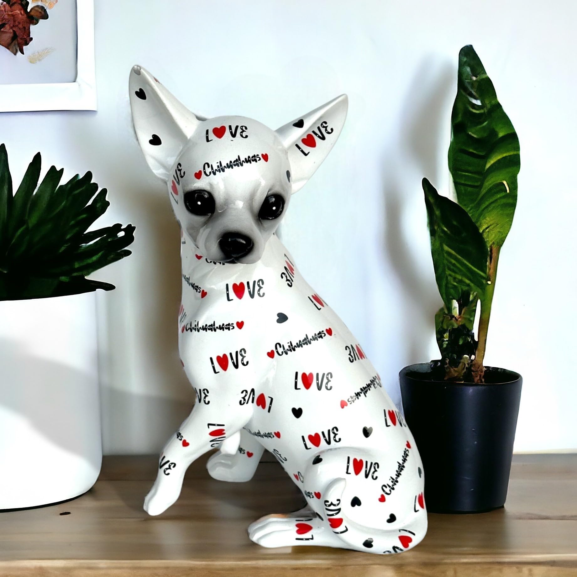 Animal Crackers LOVE DOGS Chihuahua figurine, glossy white finish with Love Chihuahuas wording & red hearts, novelty Chihuahua lover gift or collectable, boxed, height 25cm
