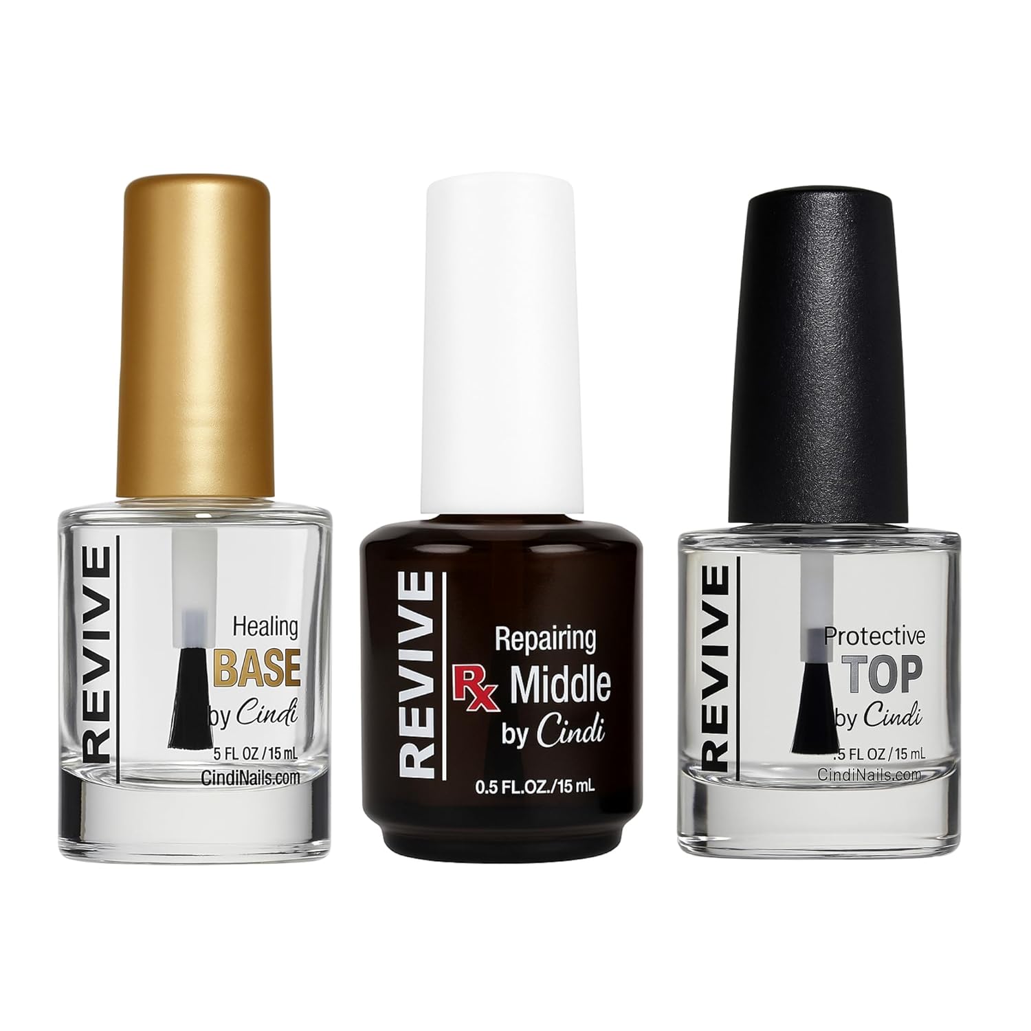 "Cindi Nails Revive and Grow Nail Treatment Set – Healing Base Coat, Repairing Middle Coat, and UV Protecting Fast Drying – 7-Free, Chip Resistant, No Light Curing, All Natural, Non Toxic "