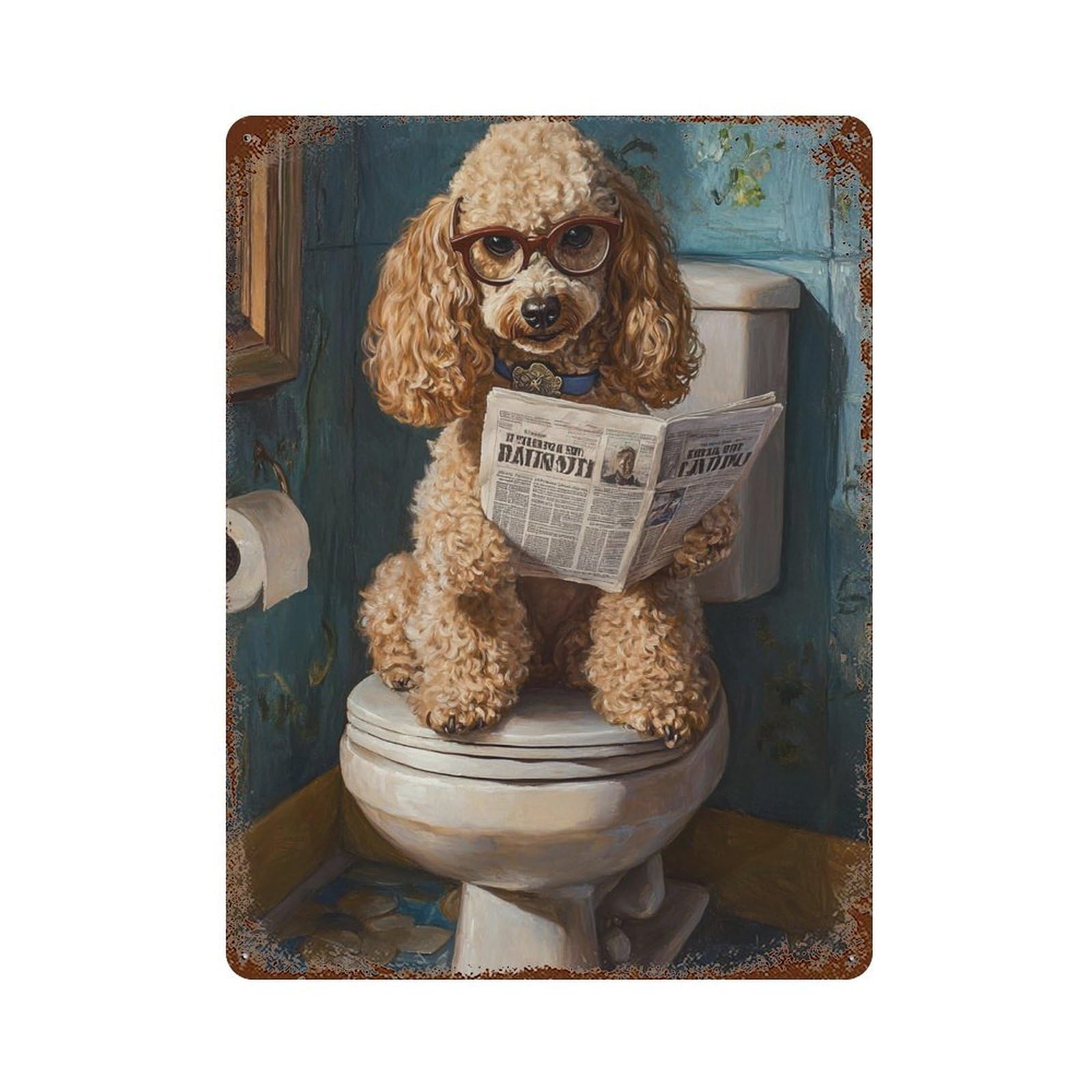 Poodle Reading Newspaper on Toilet Aged Metal Wall Plaque 15.7"x11.8", Rustic Home Decor for Garage, Pub Or Kitchen
