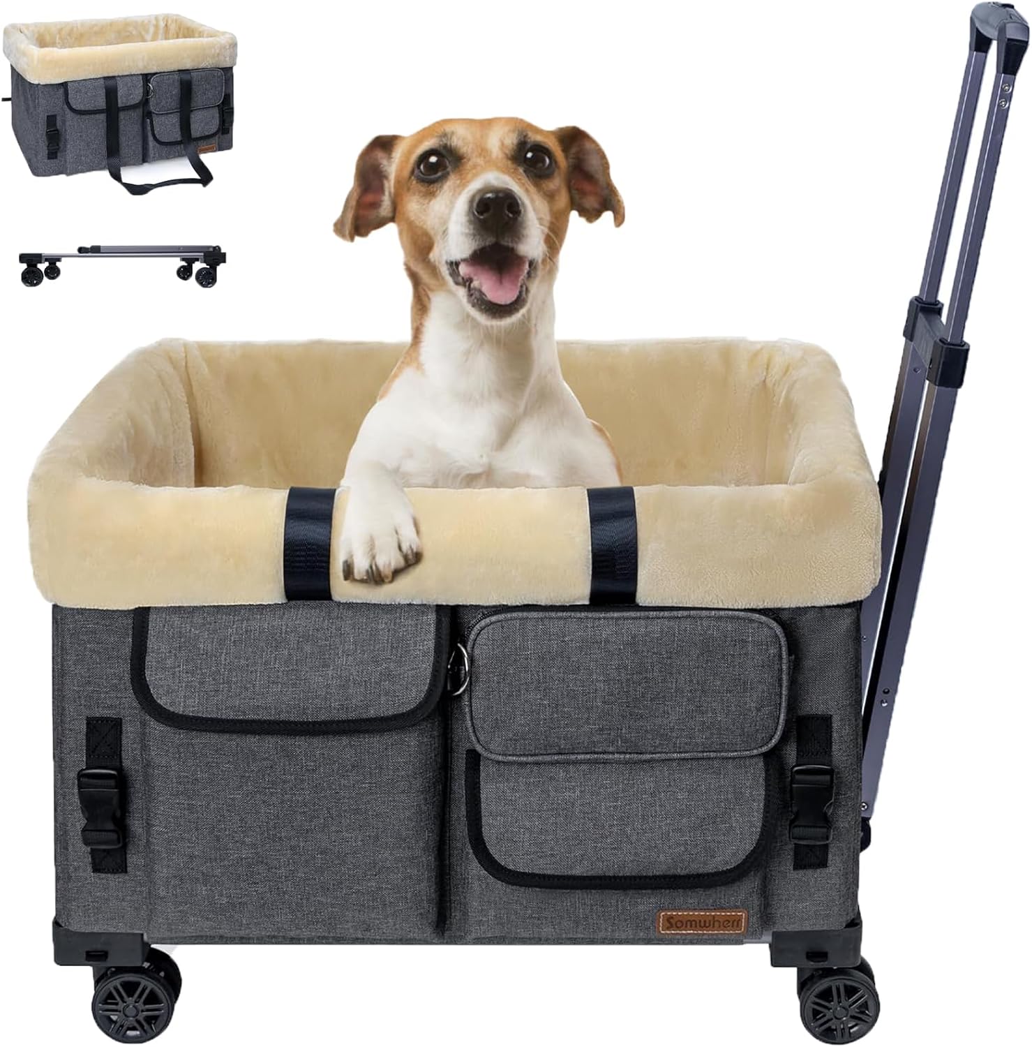 Cat Dog Carrier with Wheels - Foldable Pet Carrier with Telescopic Handle, Portable Booster Car Seat with Fleece Pads, Shoulder Strap & Safety Leash for Road Trips, Travel & Outdoor Camping