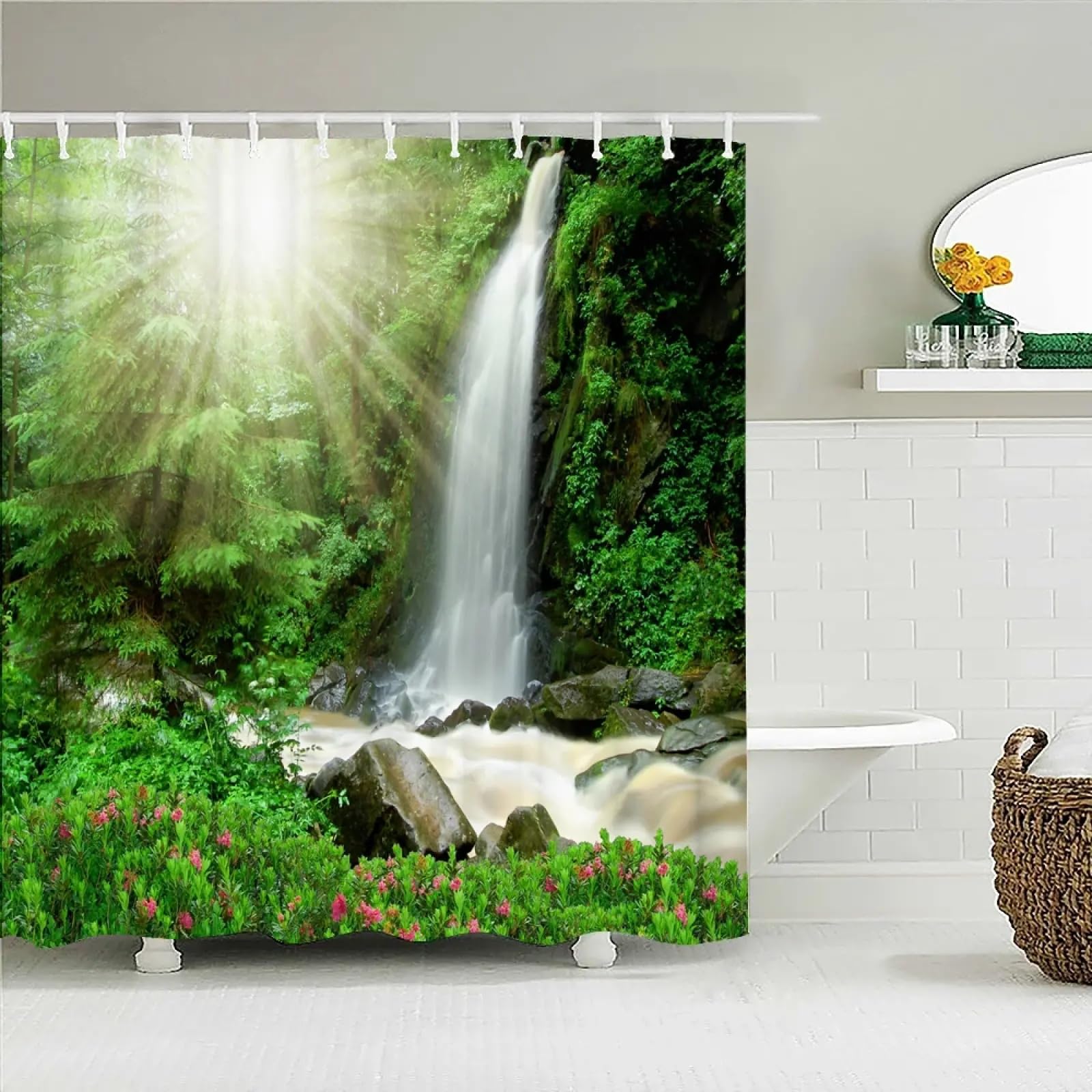 Rideau de douche forêt tropicale 149x210 cm en tissu imperméable avec crochets pour baignoire