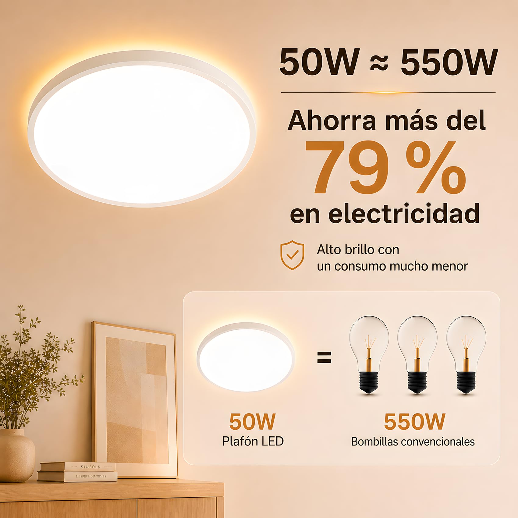 MoonYard Lámpara de techo LED, redonda, plana, Ø50cm, 50W, 5400lm regulable con mando a distancia para dormitorio, habitación infantil y salón