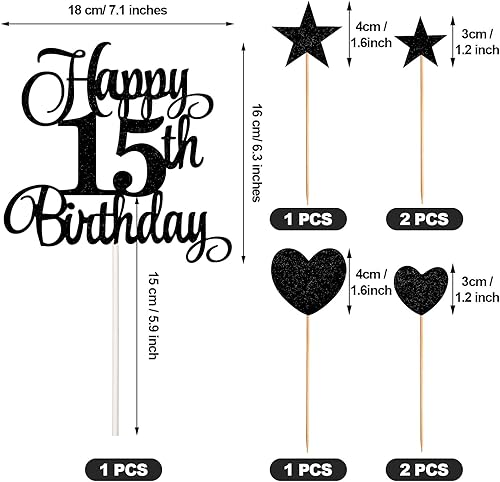 Miniatura 3 de El juego de decoraciones para tartas de cumpleaños de 15 años incluye velas de cumpleaños número 15 velas y adornos para pasteles de feliz