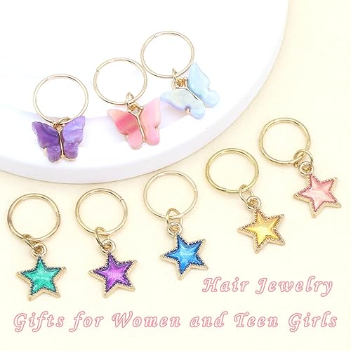 Miniatura 5 de Pinzas para trenzar el cabello con estrellas doradas, accesorios de rastas de mariposa coloridas, joyería brillante de Loc, anillos para el cabello