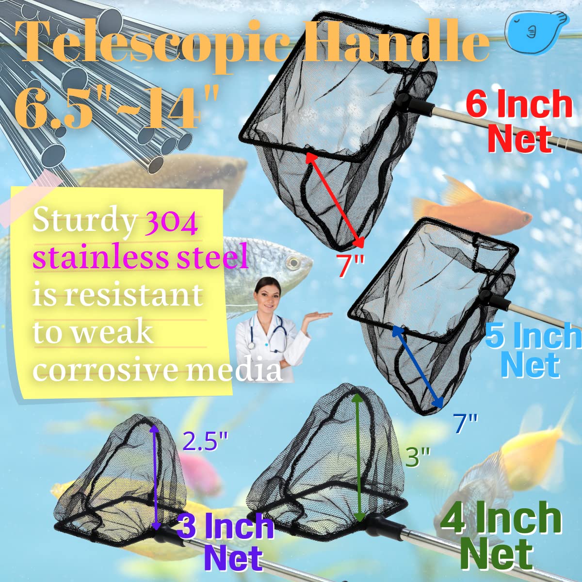 Aquarium-Netz Mit Ausziehbarem Edelstahlgriff (17,8-35,6 Cm) - Weiches, Feines Netz Für Fische & Garnelen