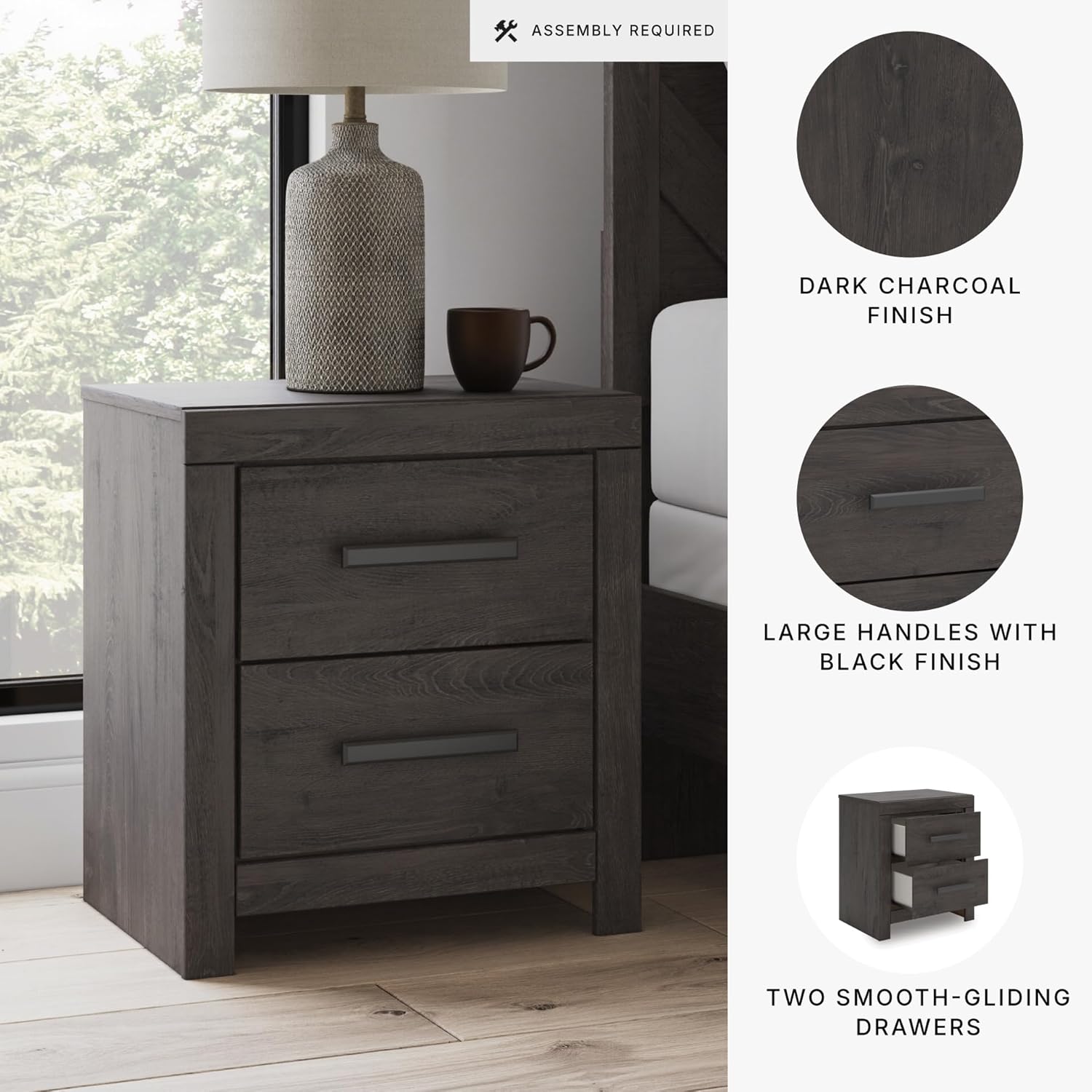 Signature Design by Ashley Prendonea Casual 2-Drawer Nightstand for Bedroom, Wood, Large Handles with Dark Finish, Framed Drawer Fronts, Smooth-Gliding Drawers, 24.41" High, Gray