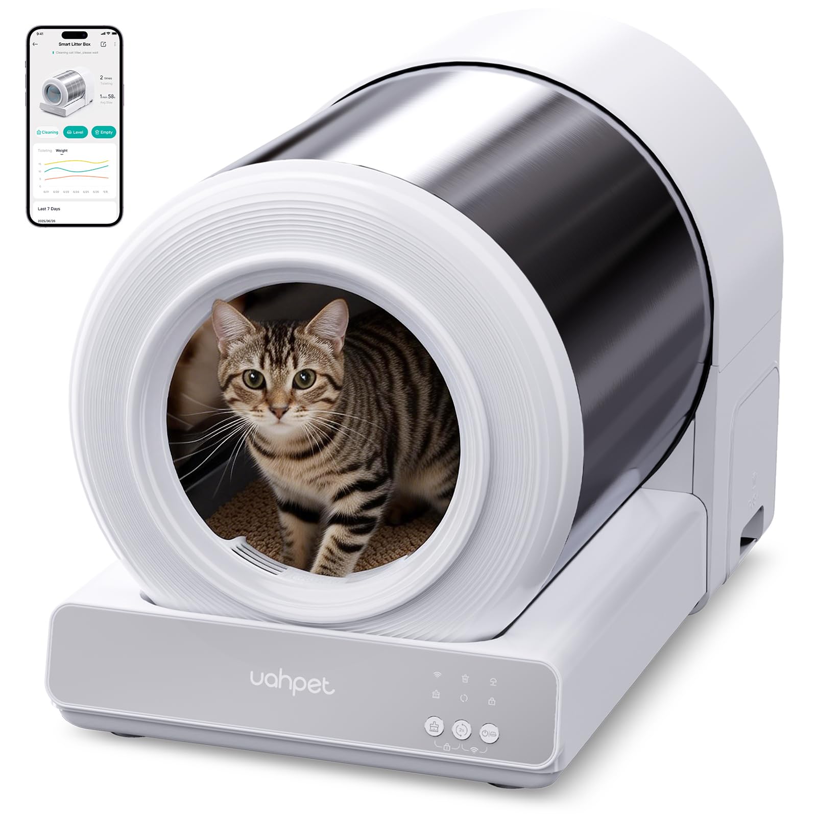 uahpet Stainless Steel Automatic Litter Box, Self Cleaning Cat Litter Box with APP Control, Multi-Cat Recognition, Lower Entry, Multi-Safety Sensors, Easy to Install and Clean