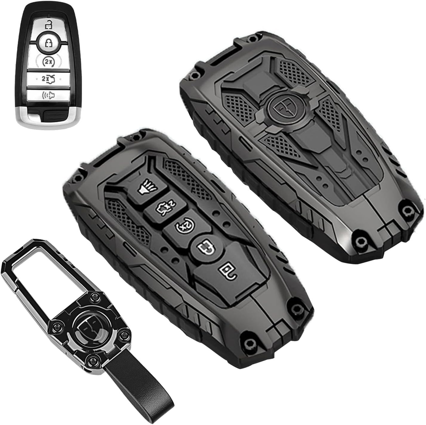Heavy Metal Key Fob Cover Compatible with Ford Maverick Explorer Mustang Fusion Escape Edge Expedition F150 F250 F350 F450 F550 Keychain Accessories(5 Buttons,Black)