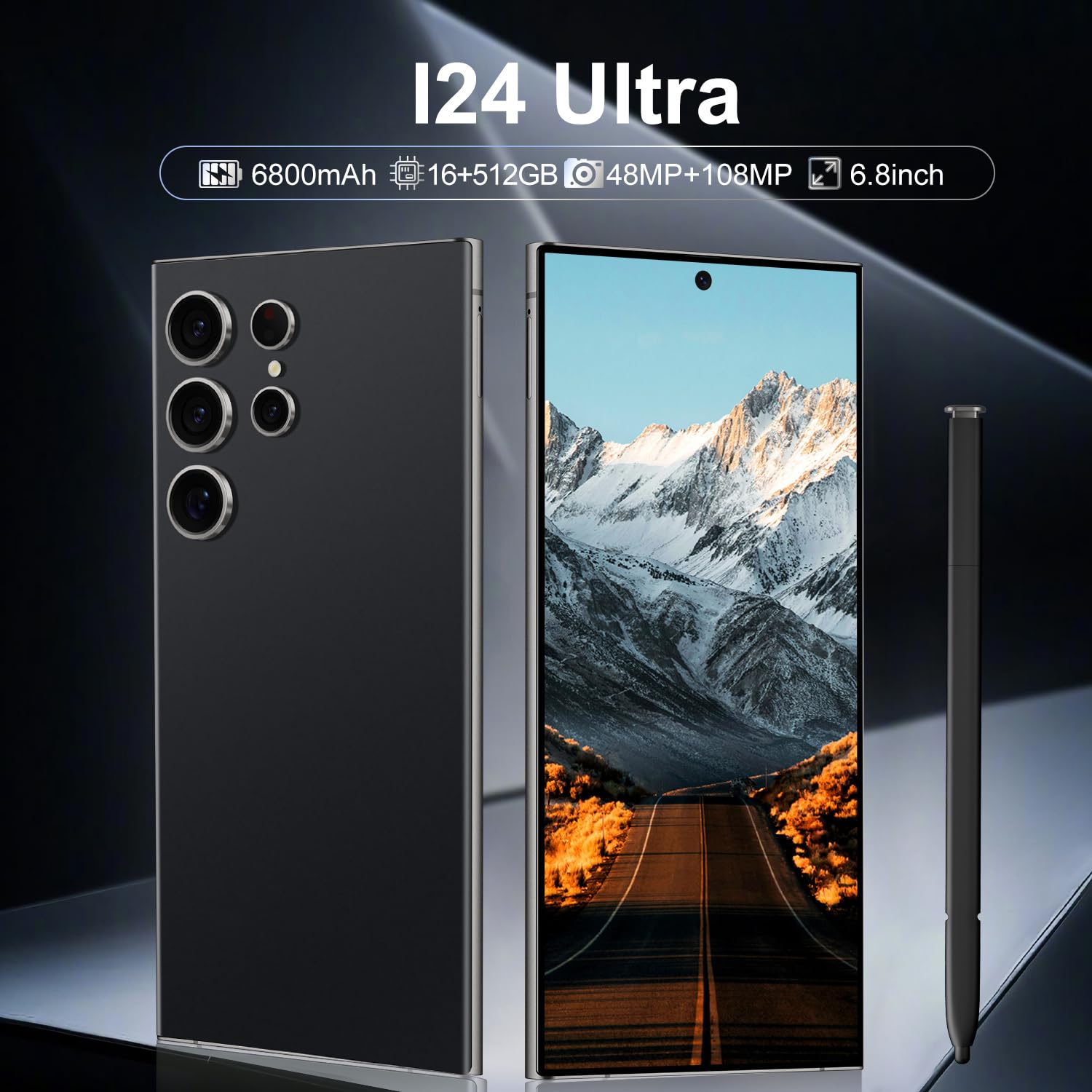 I24 Ultra Unlocked Phone,Built in Pen The Phone,Smartphone Battery 6800mAh 6.8" HD Screen,Android 14 16+512GB with 128GB Memory Card Cell Phone,5G/Face ID/Fingerprint Lock/GPS (Black, 16+512GB)