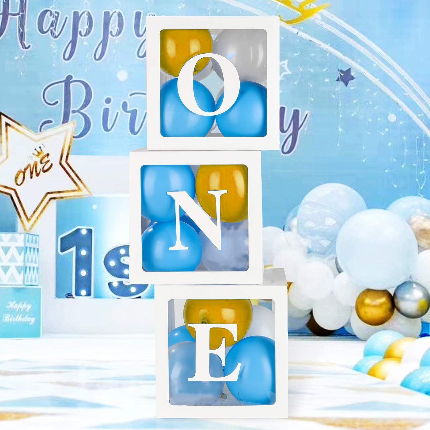 Party Propz One Box for 1st Birthday - 34 Pcs, Baby Balloon Box for 1st Birthday | First Bday Decorations Boy | 1 Birthday Decoration Items for Boy | First Year Bday Balloons Blue Golden White