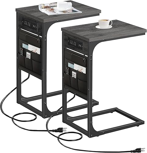 Miniatura 1 de TUTOTAK Mesa auxiliar en forma de C con estación de carga, mesa auxiliar para sofá, mesa de sofá con bolsa de almacenamiento, juego de 2, mesa de