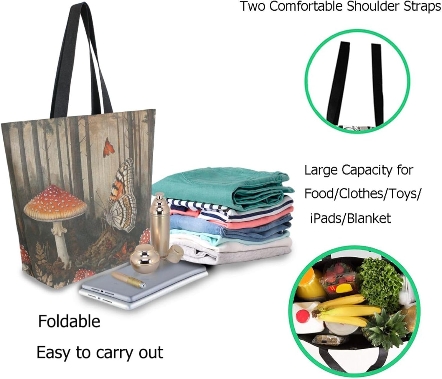 Fashion Extra Large Shoulder Grocery Tote Bag, Vintage Forest Mushroom Moth Canvas Daily Handle Bag for Gym Yoga Weekender Beach Travel Picnic Kitchen Reusable Market Shopping - Image 2