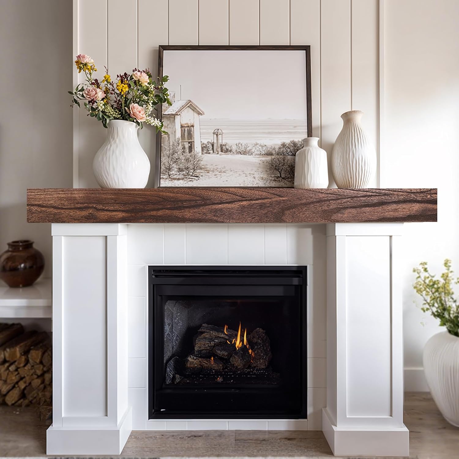 Fireplace Mantel Shelf, 60×8×5 Inch Wooden Floating Shelf for Over Fireplace, Handcrafted Wood Mantels, Wall-Mounted Mantel Shelves, Rustic Floating Mantels Shelves for Living Room, Brown