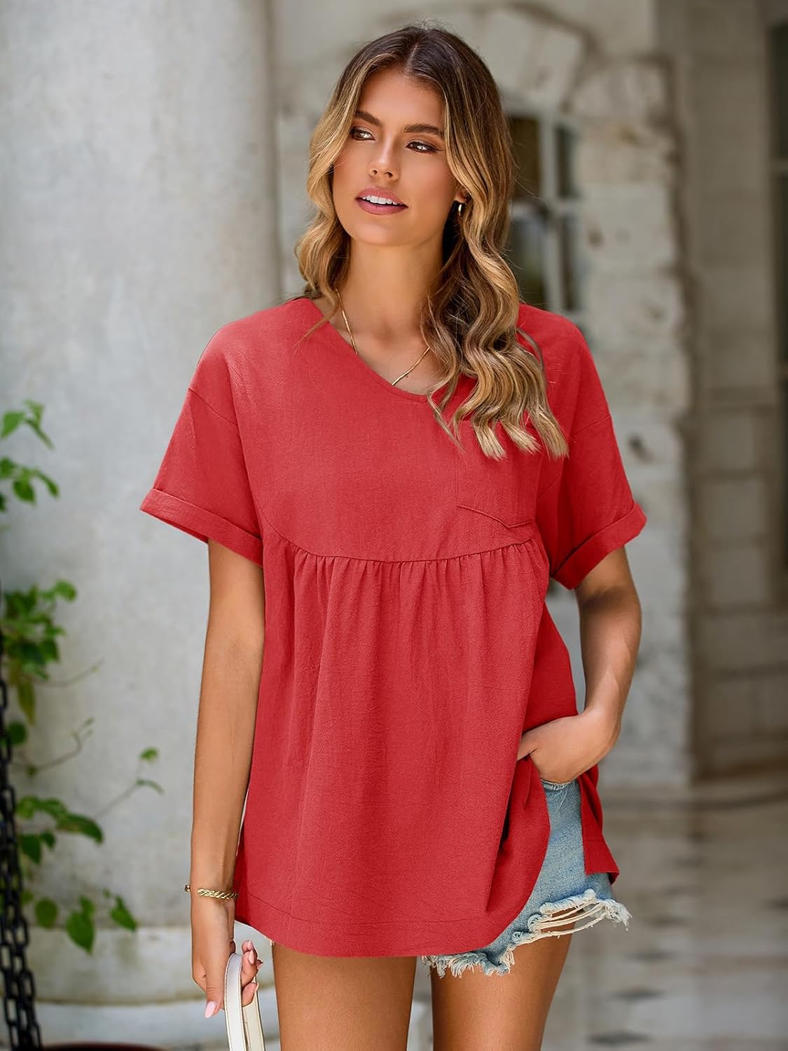 Womens V Neck Babydoll Tops Summer Short Sleeve Oversized Tshirts Casual Loose Fit Peplum Tunic Shirts - Image 5