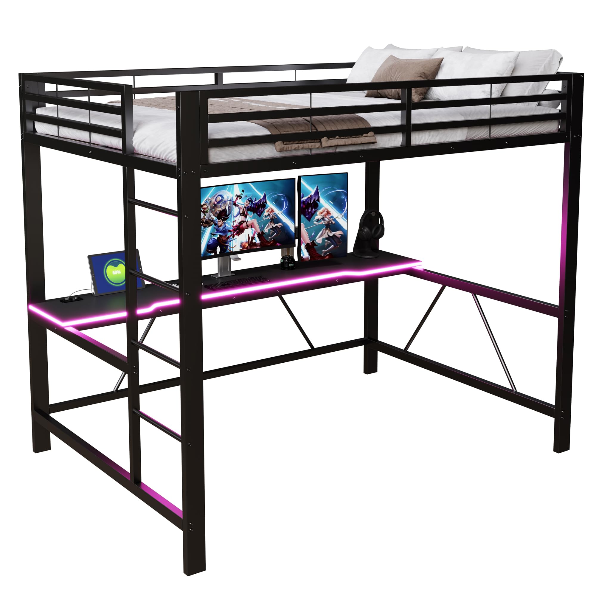 Letto a castello da gaming in metallo 140x200cm con striscia LED .Letto a soppalco con stazione di ricarica USB e scrivania,letto matrimoniale nero(Senza Materasso)