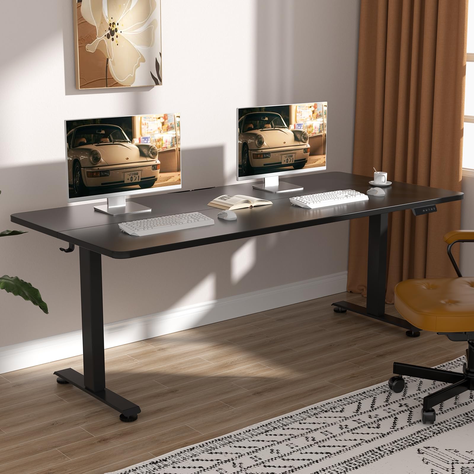 Photo 1 of Veken 63x27.6 Inch Large Electric Standing Desk, Heights Adjustable,Sit to Stand Up, Work Home Office Computer Table for Walking Pad, Wooden Desktop Desks, Black