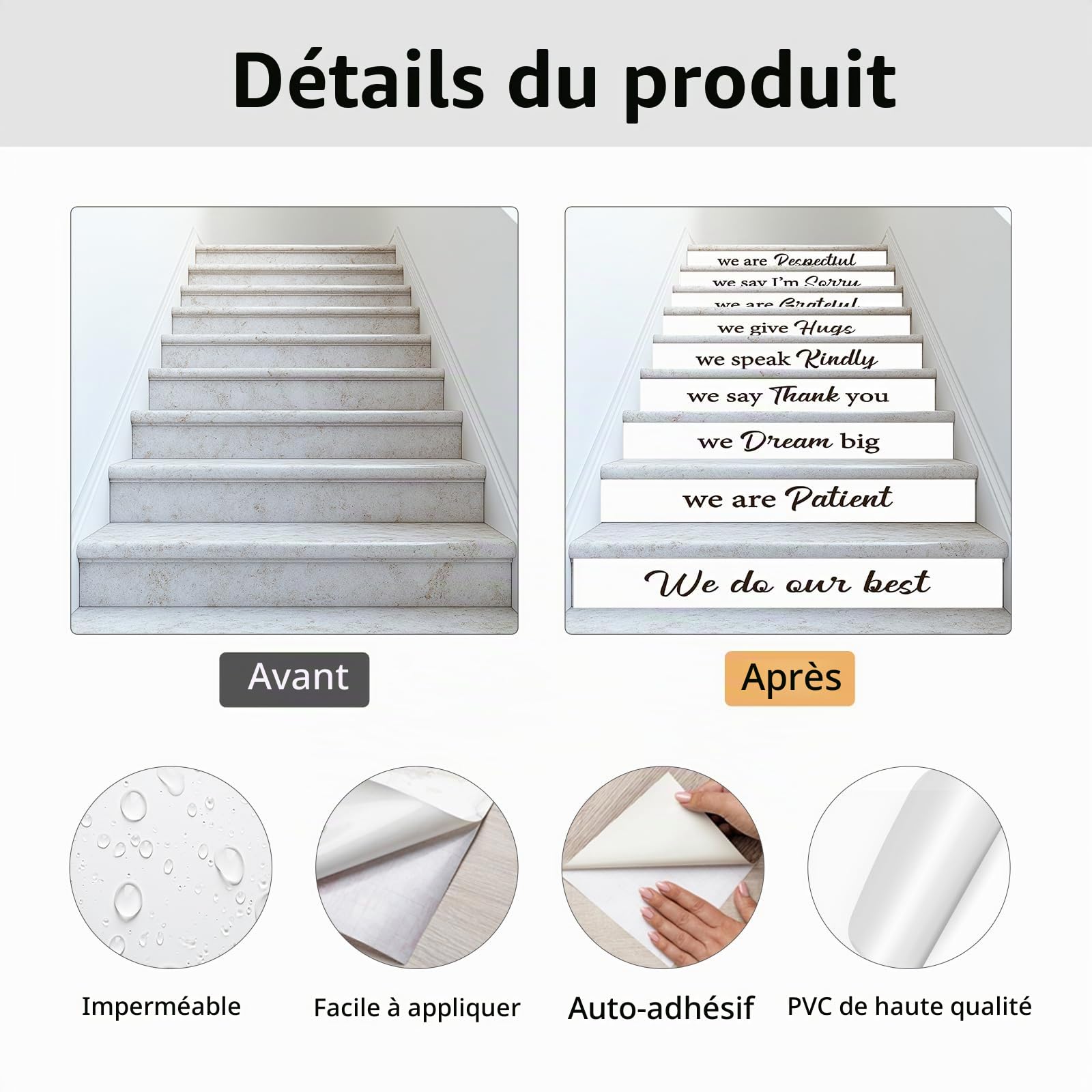 PLIGREAT 15 Bandes Adhésives pour Contremarches D'Escalier avec Texte Familial Stickers Adhésifs pour Escaliers (18x100cm) Vinyle Autocollant Citations Familiales Créatives Décoration Murale