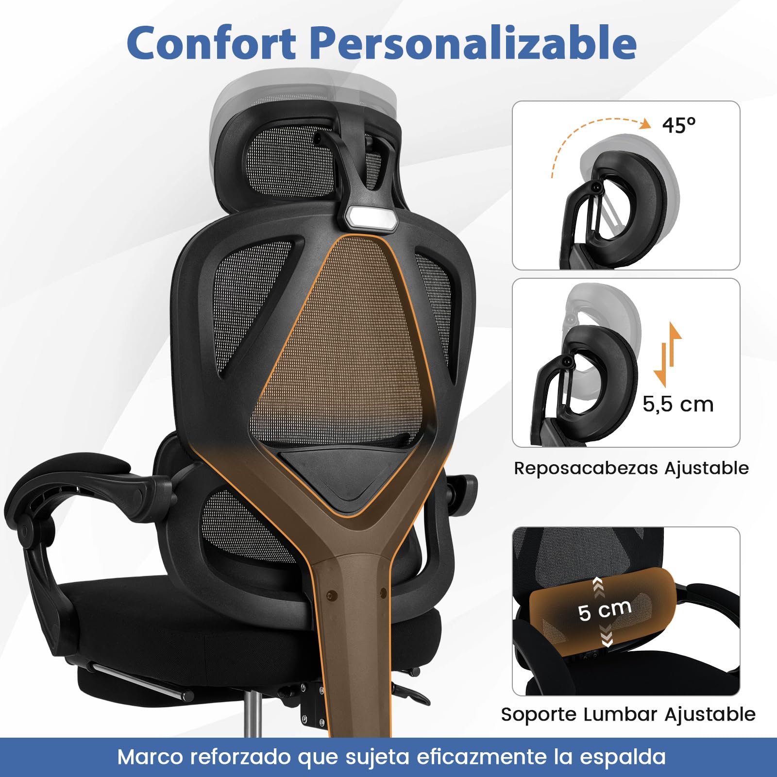 COSTWAY Silla Oficina Ergonomica, Respaldo Alto de Malla y Reposapiés Retráctil, Silla Gaming, Respaldo Inclinable, Reposacabezas, Altura y Soporte Lumbar Ajustables, Office Chair Ruedas