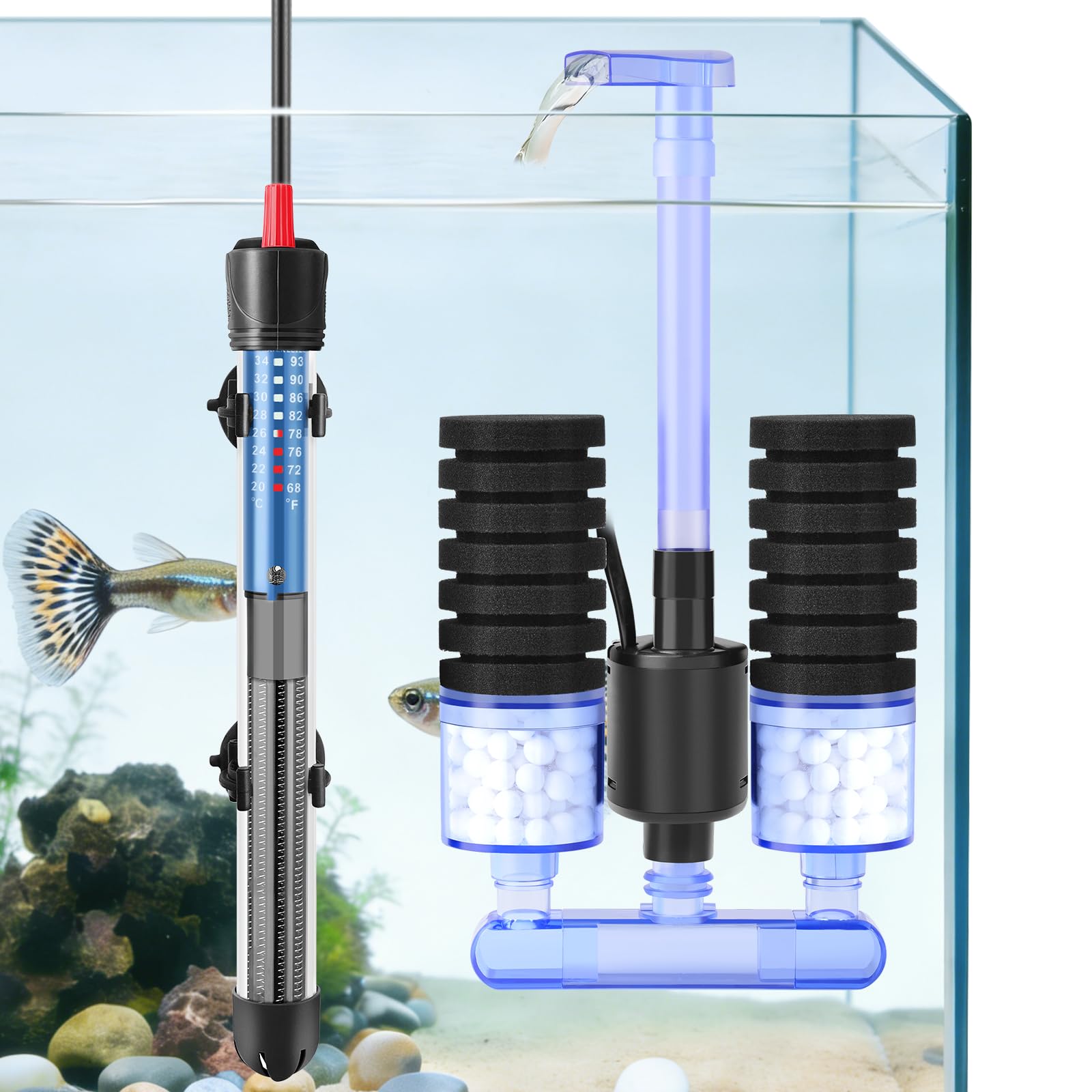 Chauffage aquarium 200W réglable avec filtre éponge pour bac 20L à 150L