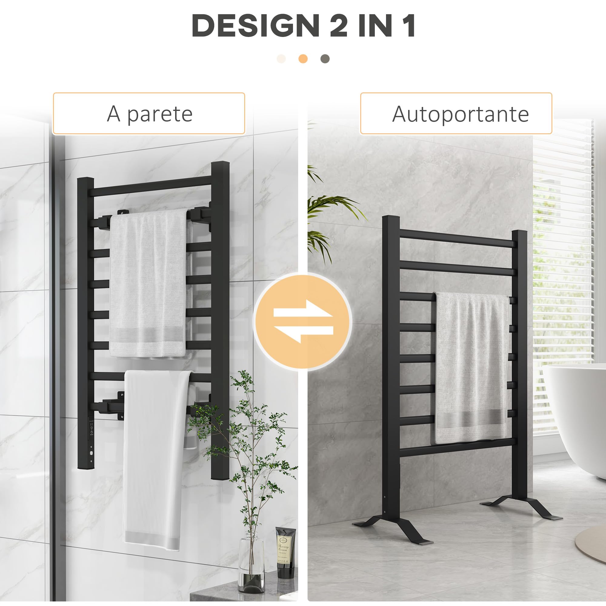 HOMCOM Calorifero Scaldasalviette da Terra o Parete 150W 53x35x90cm Nero | Porta Asciugamani Riscaldato Elettrico per Bagno, Lega di Alluminio, 8 Barre, Timer da 2 o 4 Ore, Resistente all'Acqua